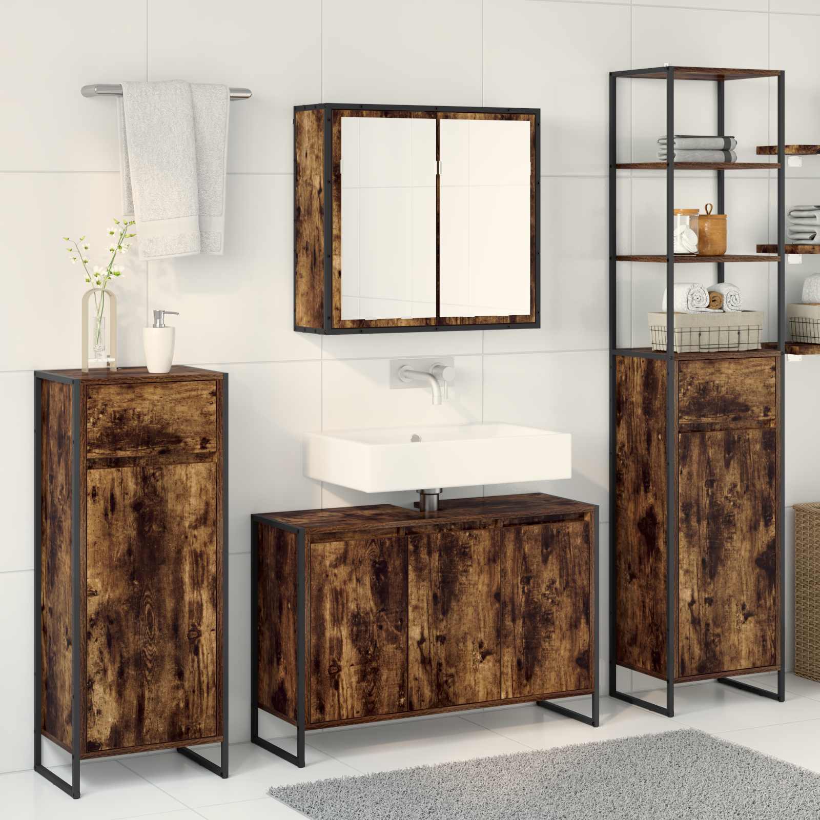Set di mobili per il bagno Rovere fumé Legno multistrato | homemem39