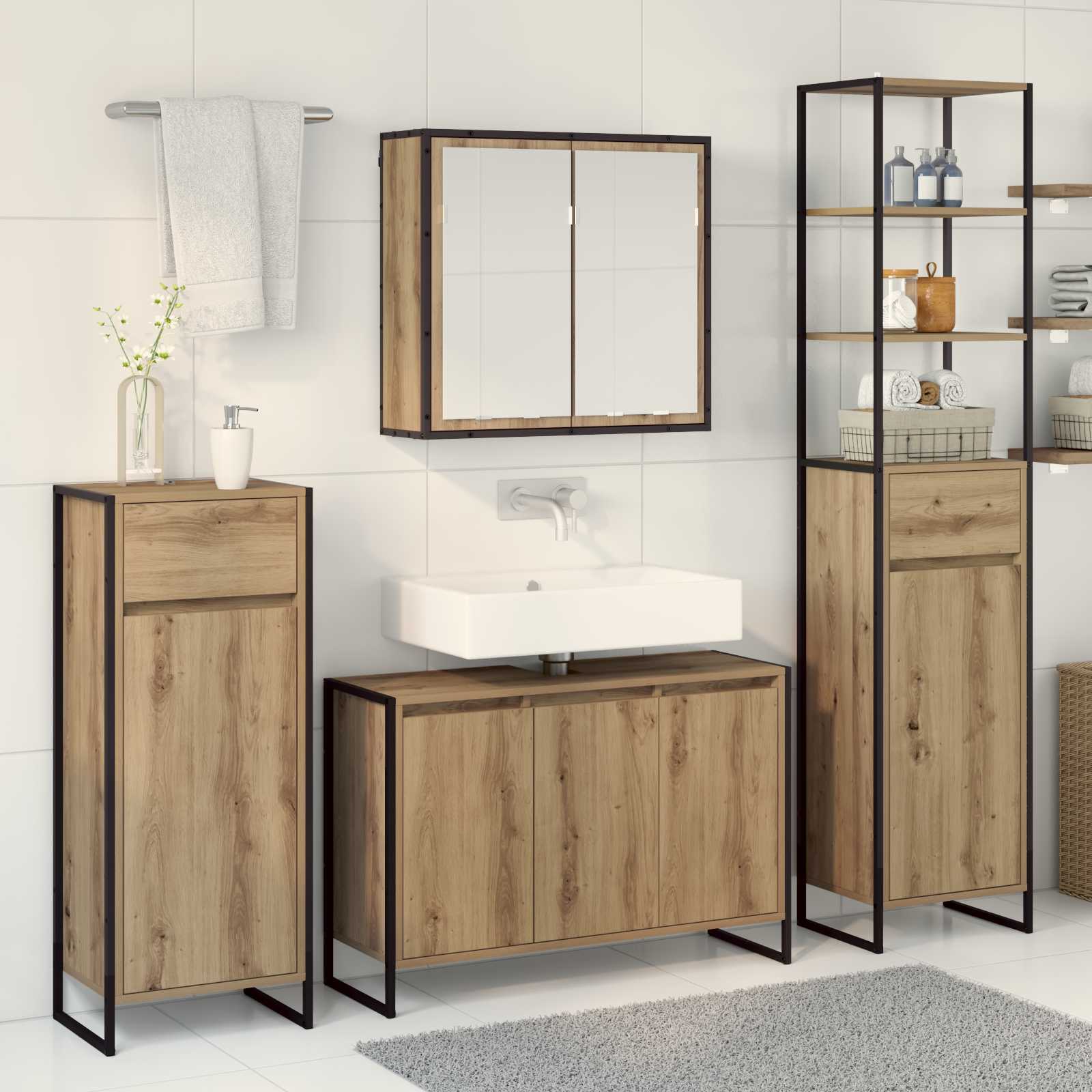 Set di mobili per il bagno Rovere artigianale Legno multistrato | homemem39