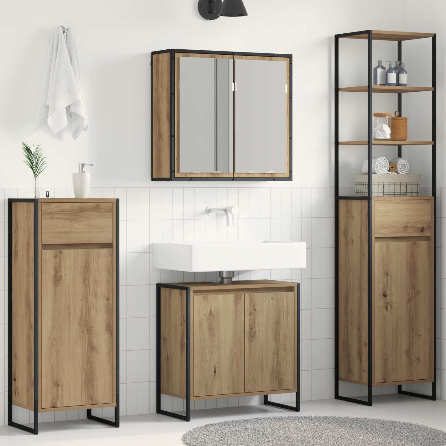 Set di mobili per il bagno Rovere artigianale Legno multistrato | homemem39