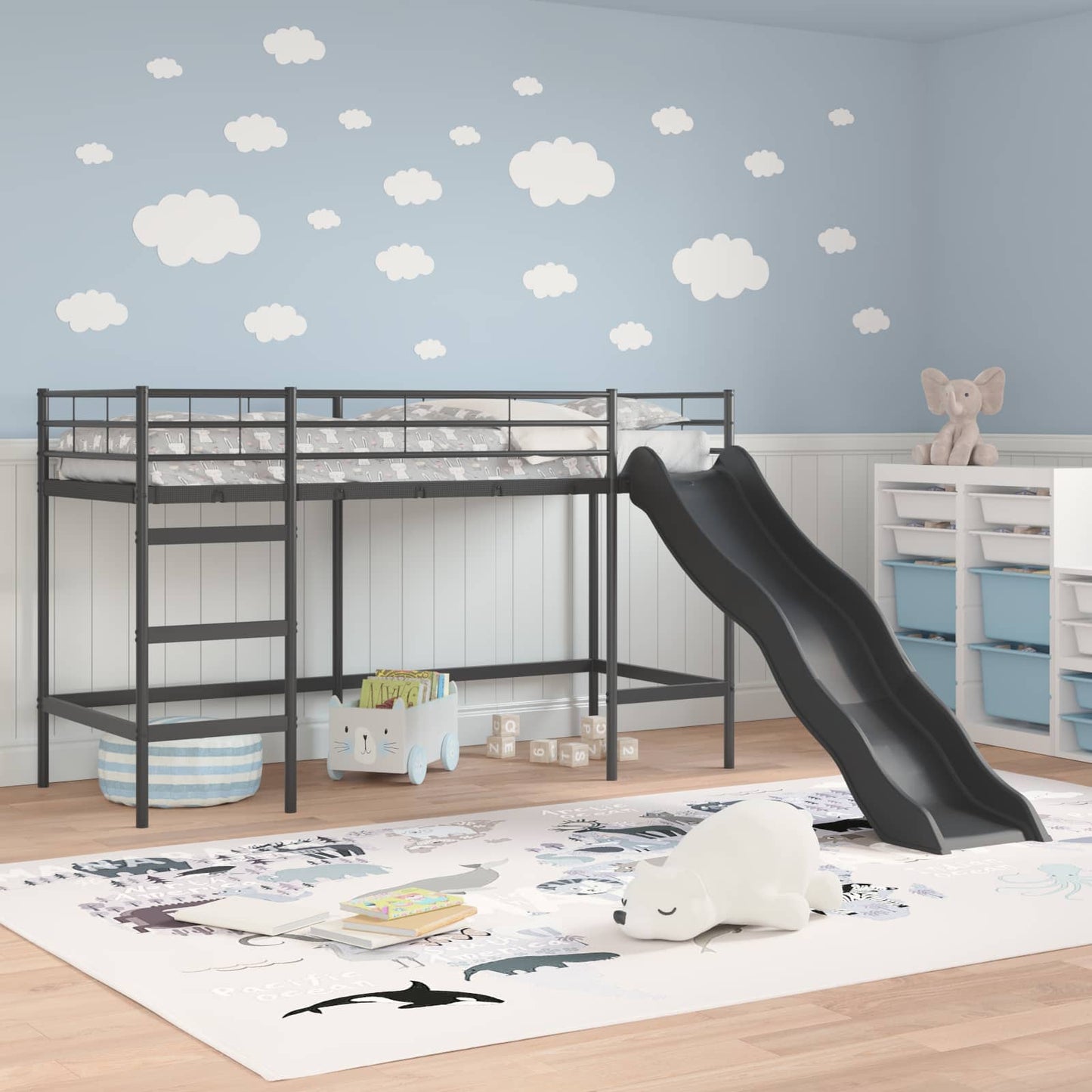 Letto loft per bambini con scivolo Nero e antracite 75 x 190 cm | homemem39