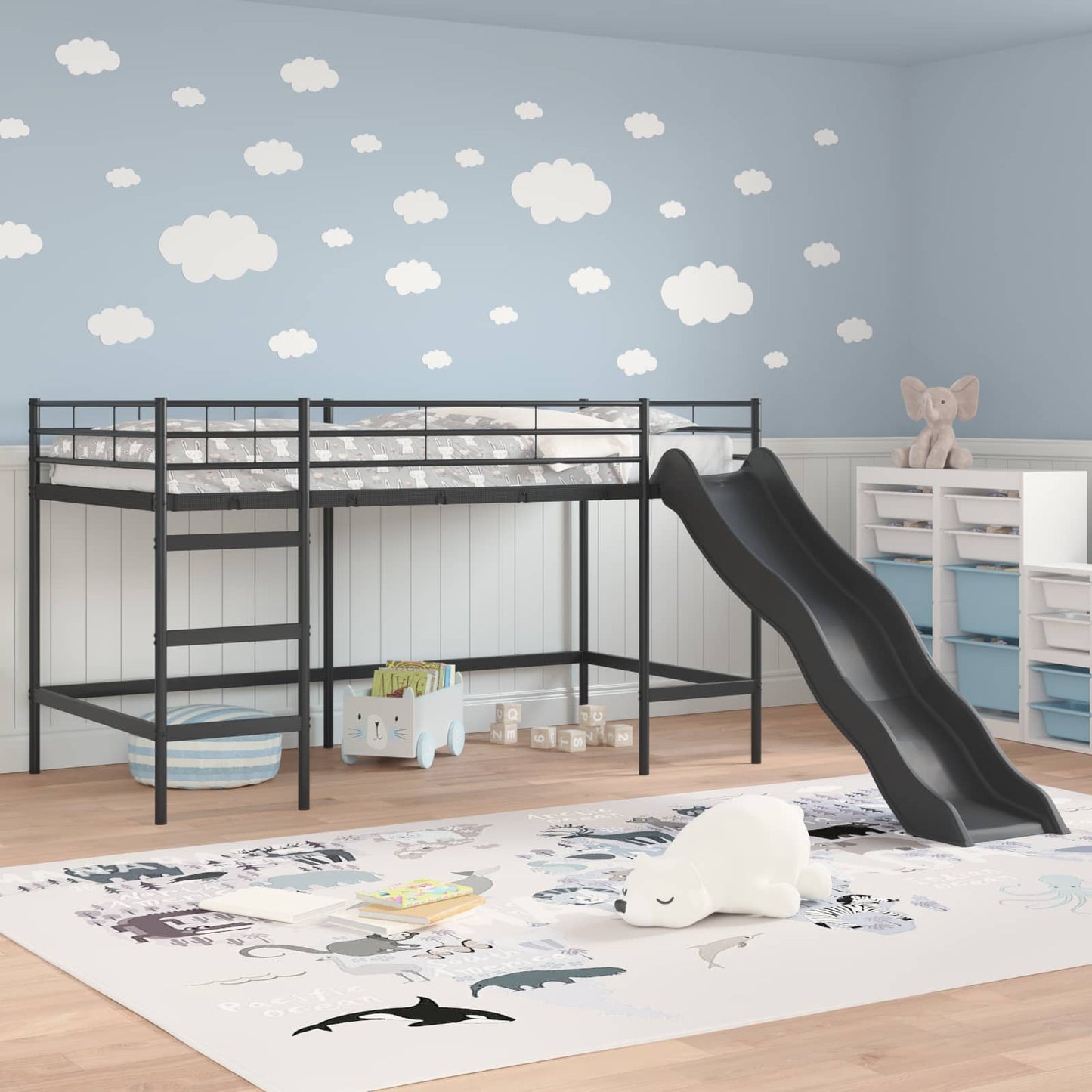 Letto loft per bambini con scivolo Nero e antracite 80 x 200 cm | homemem39