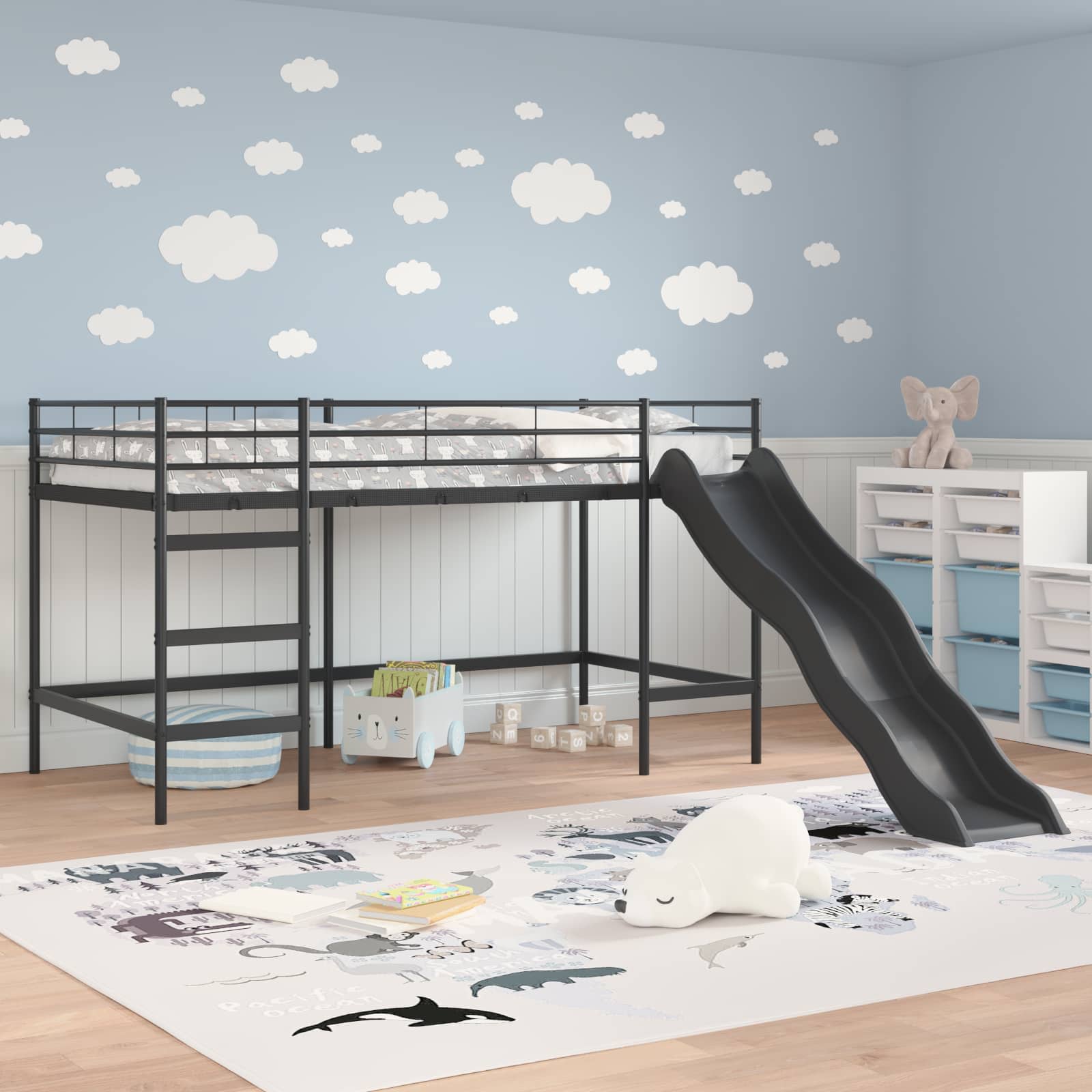Letto loft per bambini con scivolo Tinta unita Nero e antracite | homemem39