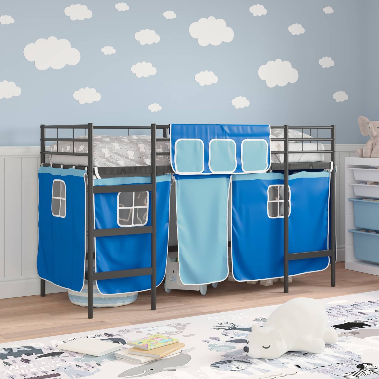Struttura del Letto Loft per Bambini con Tendine Nero e Blu
