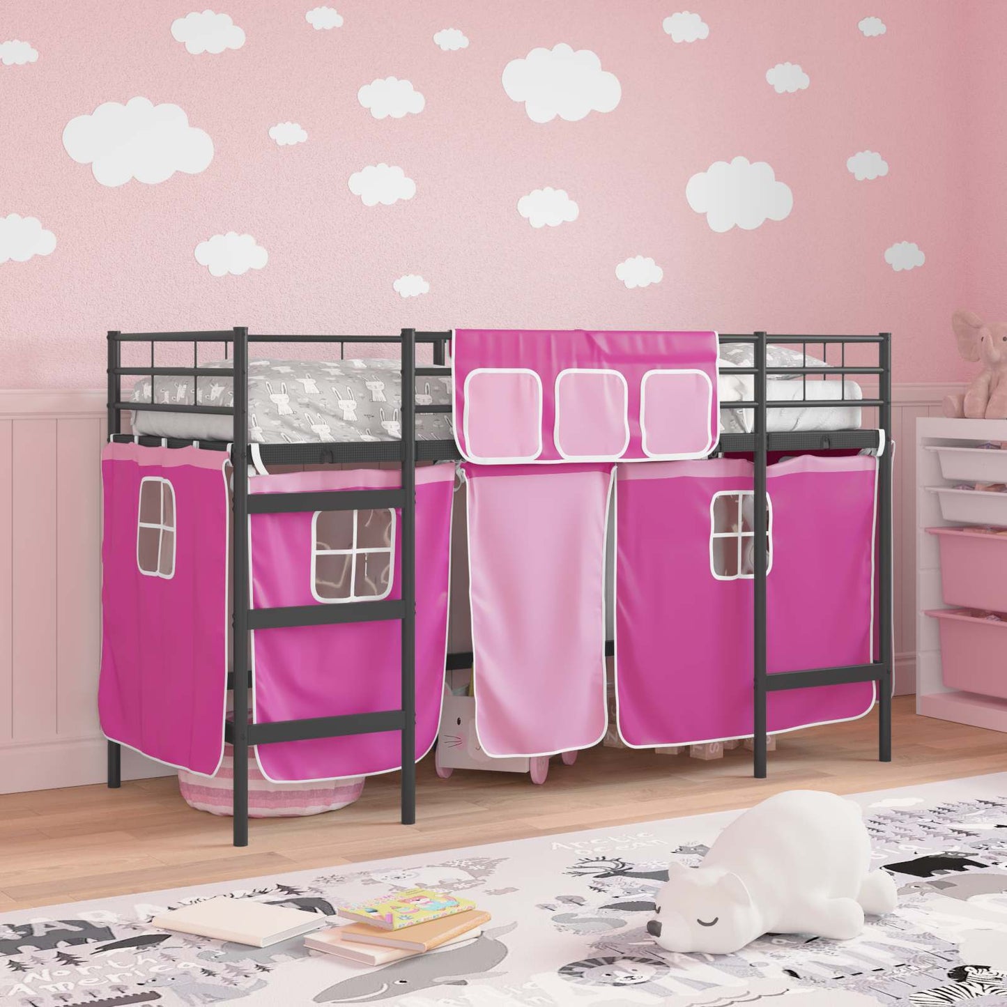 Struttura del Letto Loft per Bambini con Tendine Nero e rosa