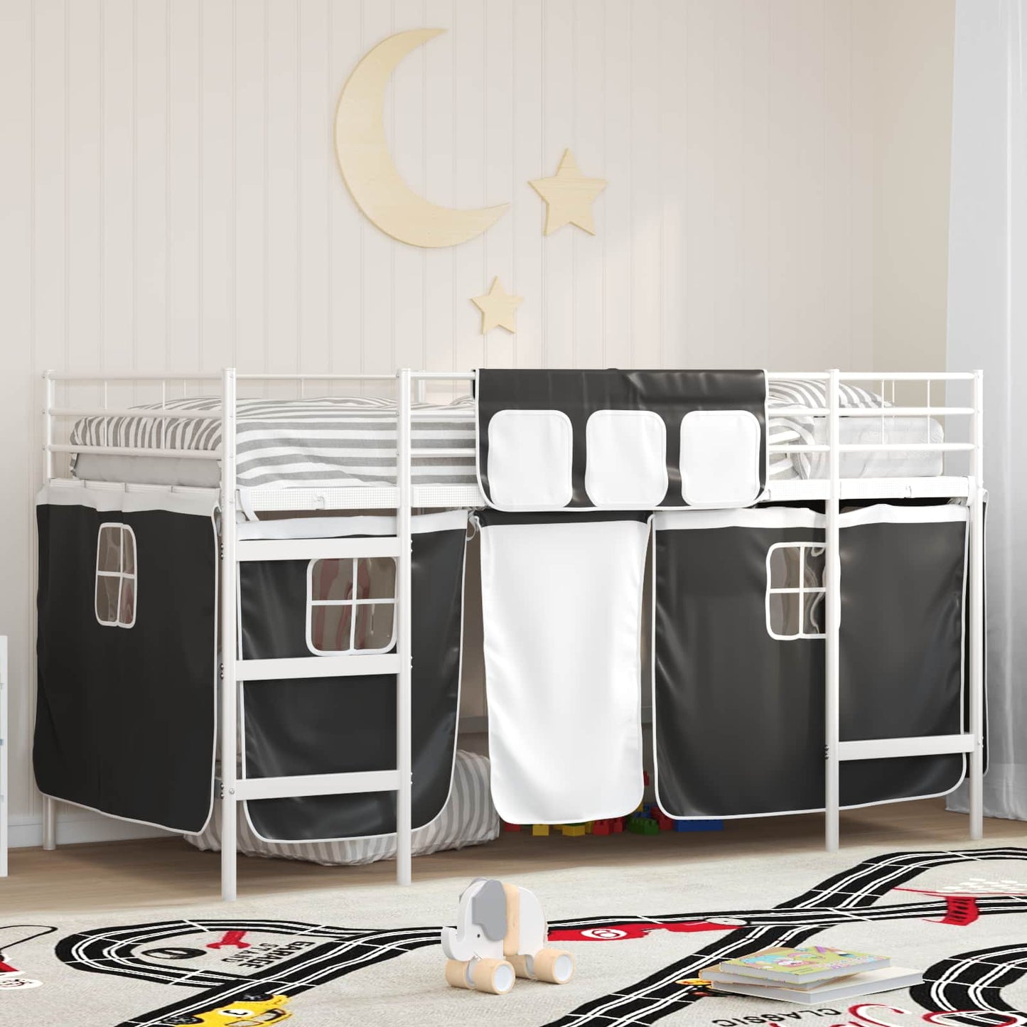 Struttura del Letto Loft per Bambini con Tendine Bianco e Nero