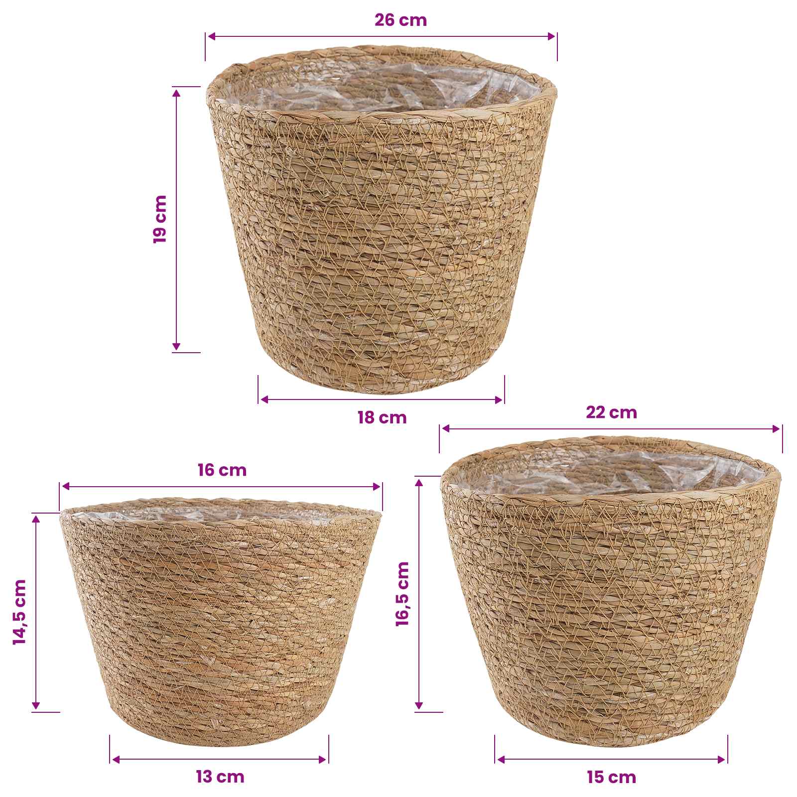 Cesti per piante in erba marina 3 pcs Naturale Ø26 x 19 cm | homemem39
