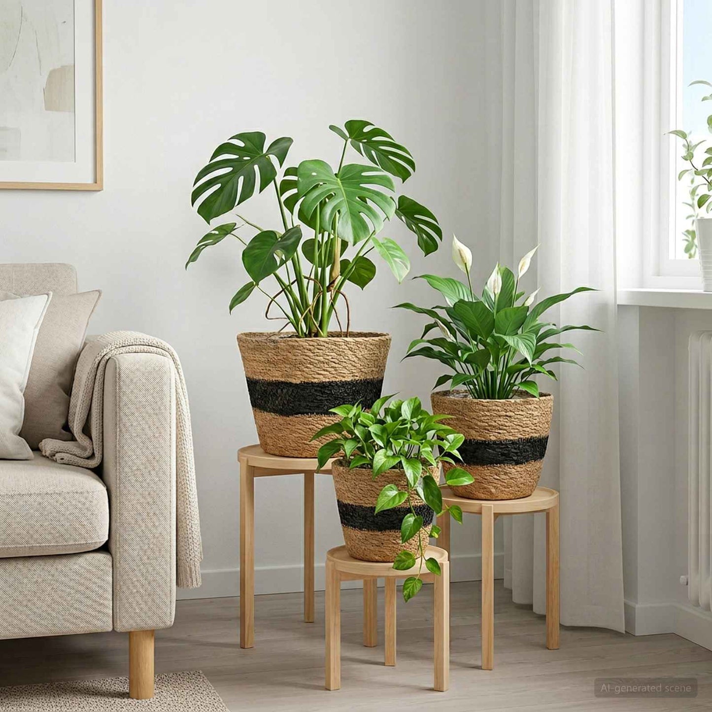 Cesti per piante in erba marina 3 pcs Naturale e Nero