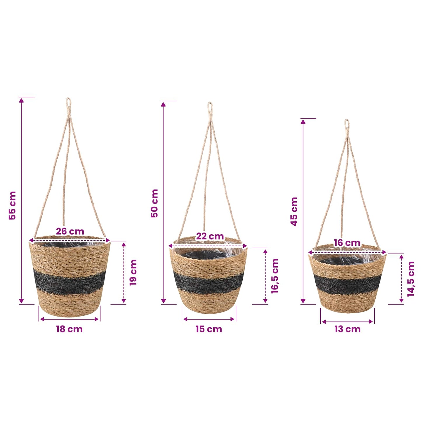 Cesti per piante in erba marina 3 pcs Naturale e Nero | homemem39