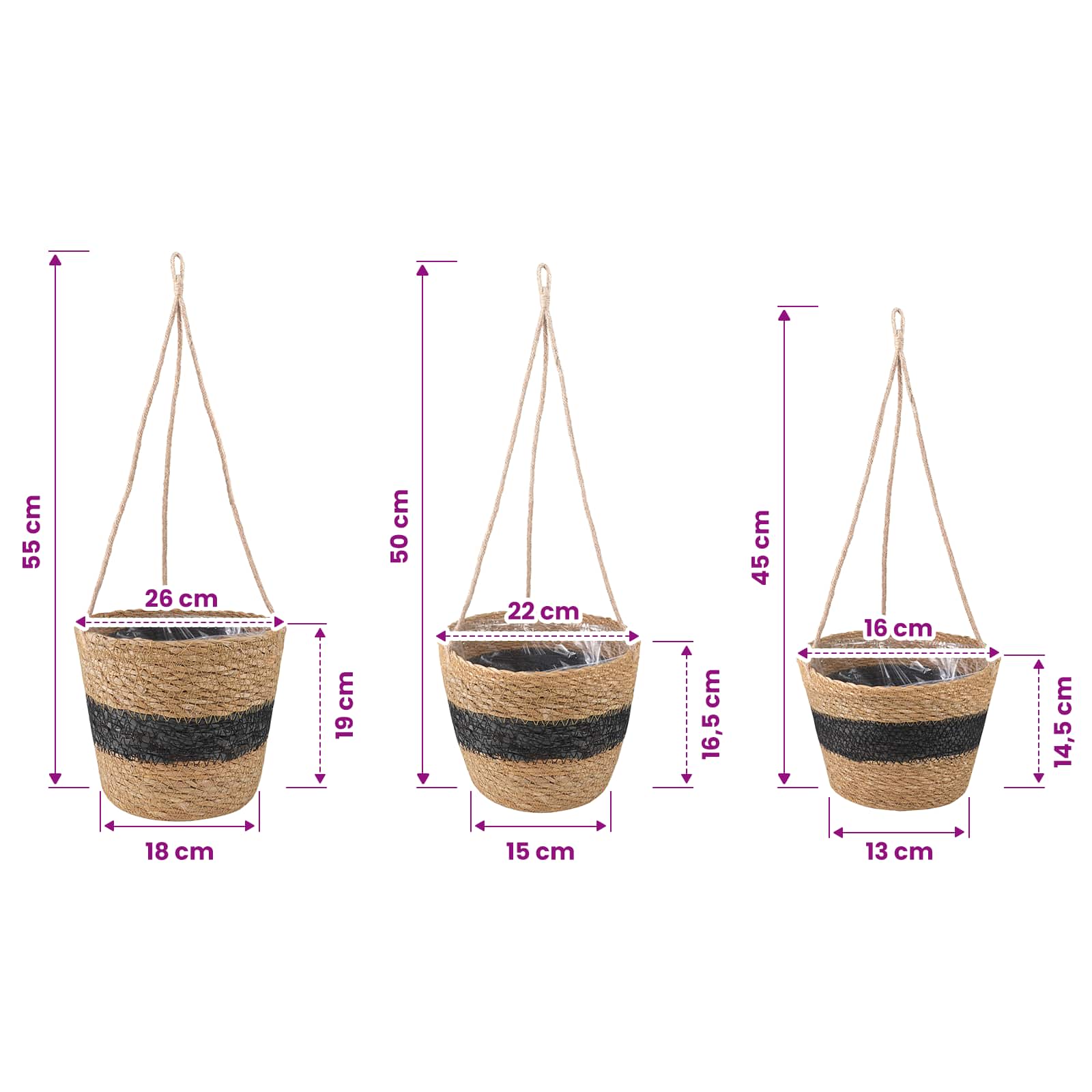 Cesti per piante in erba marina 3 pcs Naturale e Nero | homemem39