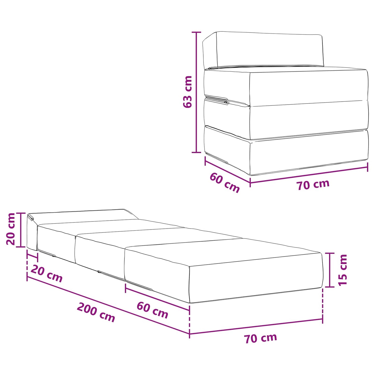 Divano Letto Pieghevole Grigio Scuro 200 x 70 x 15 cm Tessuto | homemem39