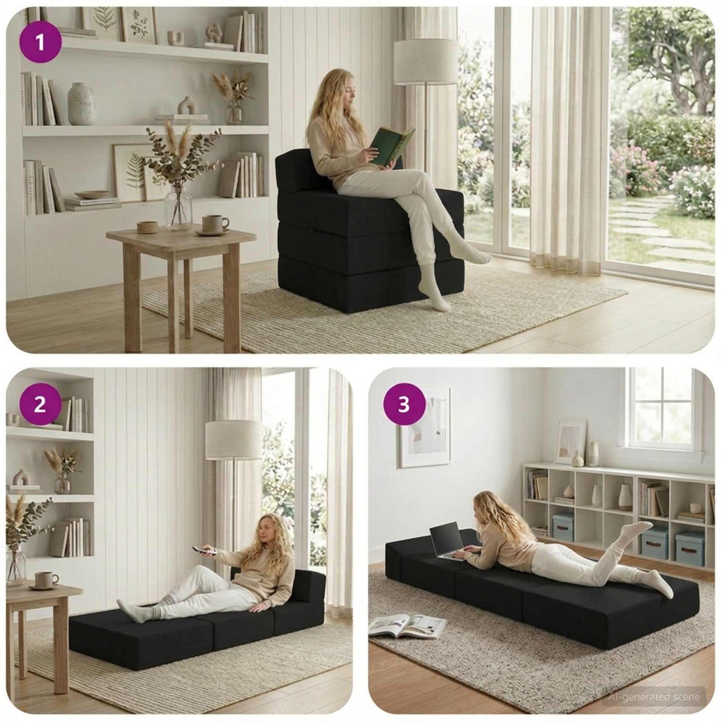 Divano Letto Pieghevole Nero 200 x 70 x 15 cm Tessuto | homemem39