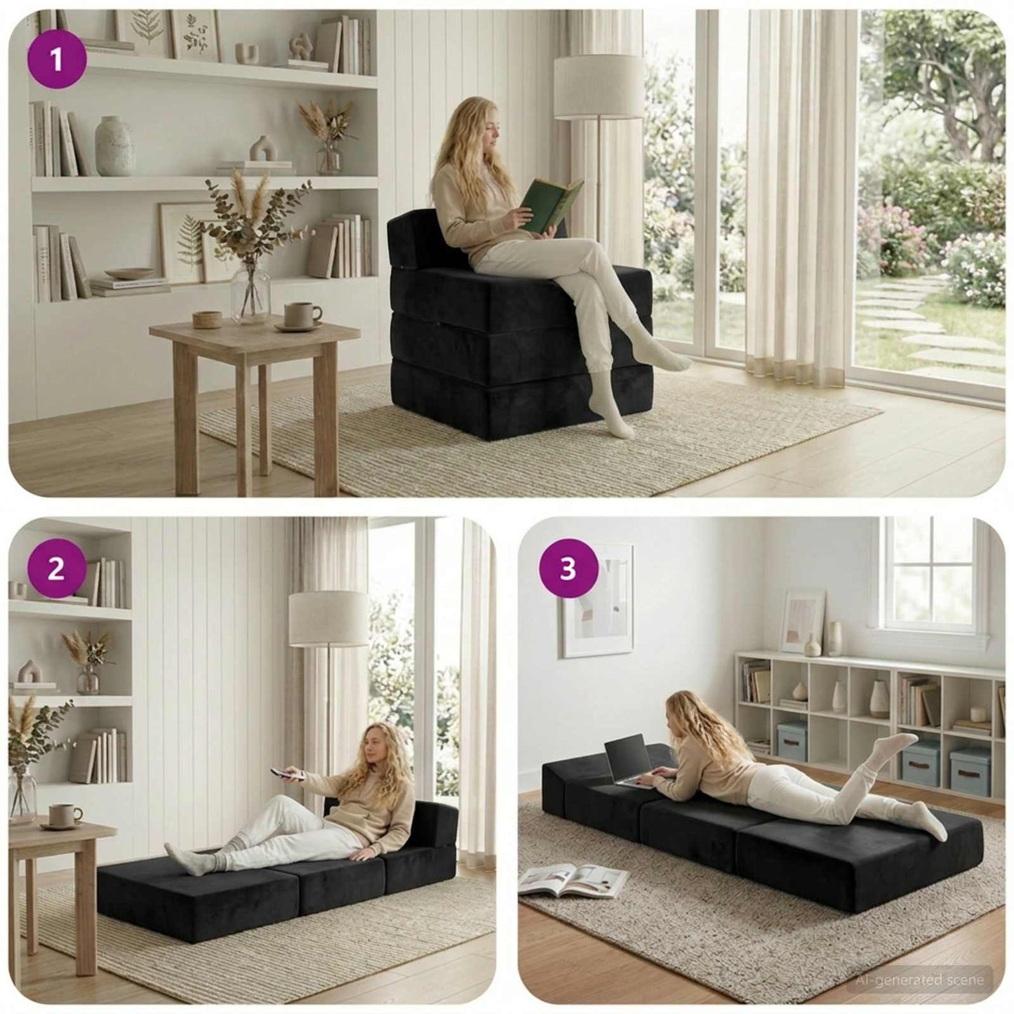 Divano Letto Pieghevole Nero 200 x 70 x 15 cm Velluto