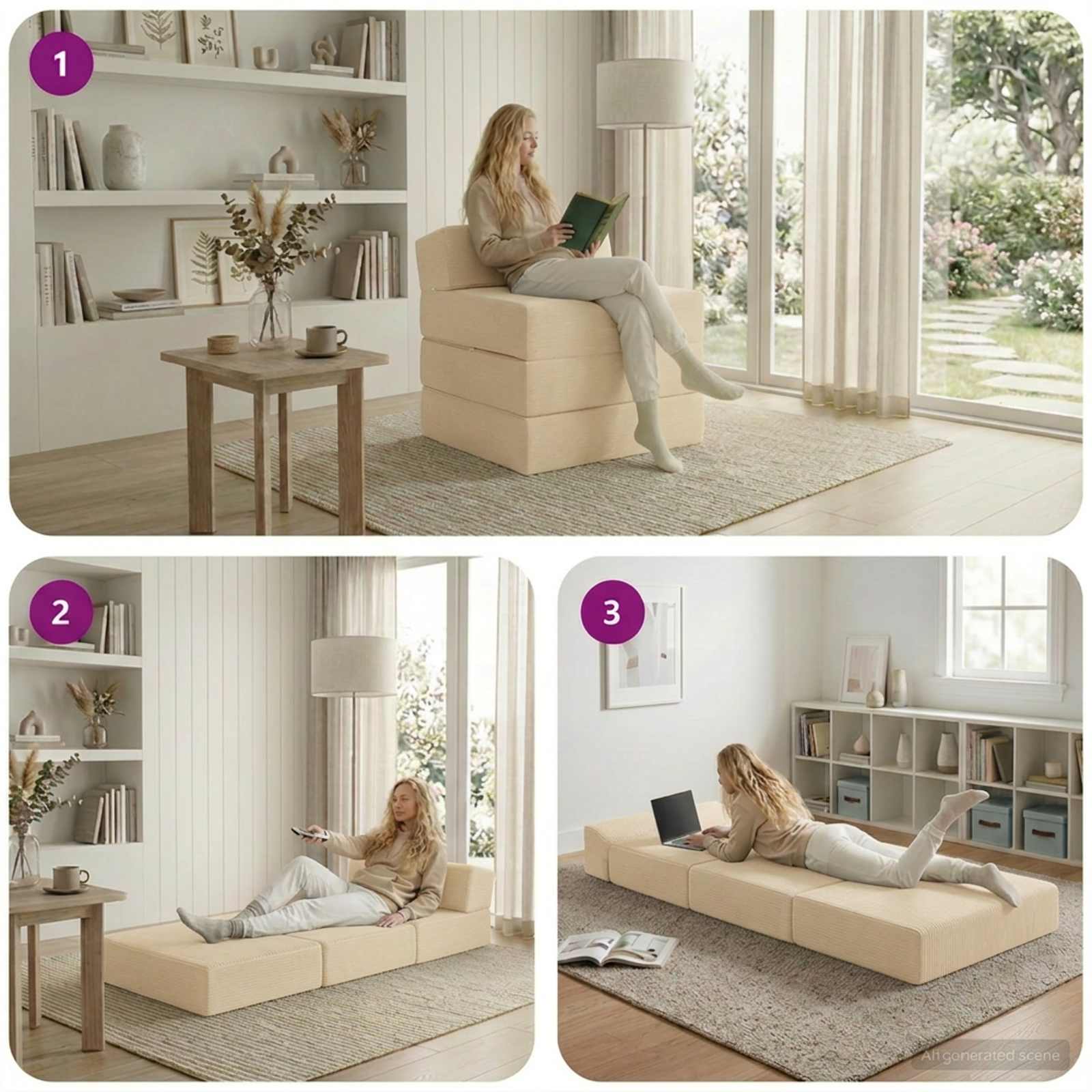 Divano Letto Pieghevole Crema 200 x 70 x 15 cm Tessuto in Cords | homemem39