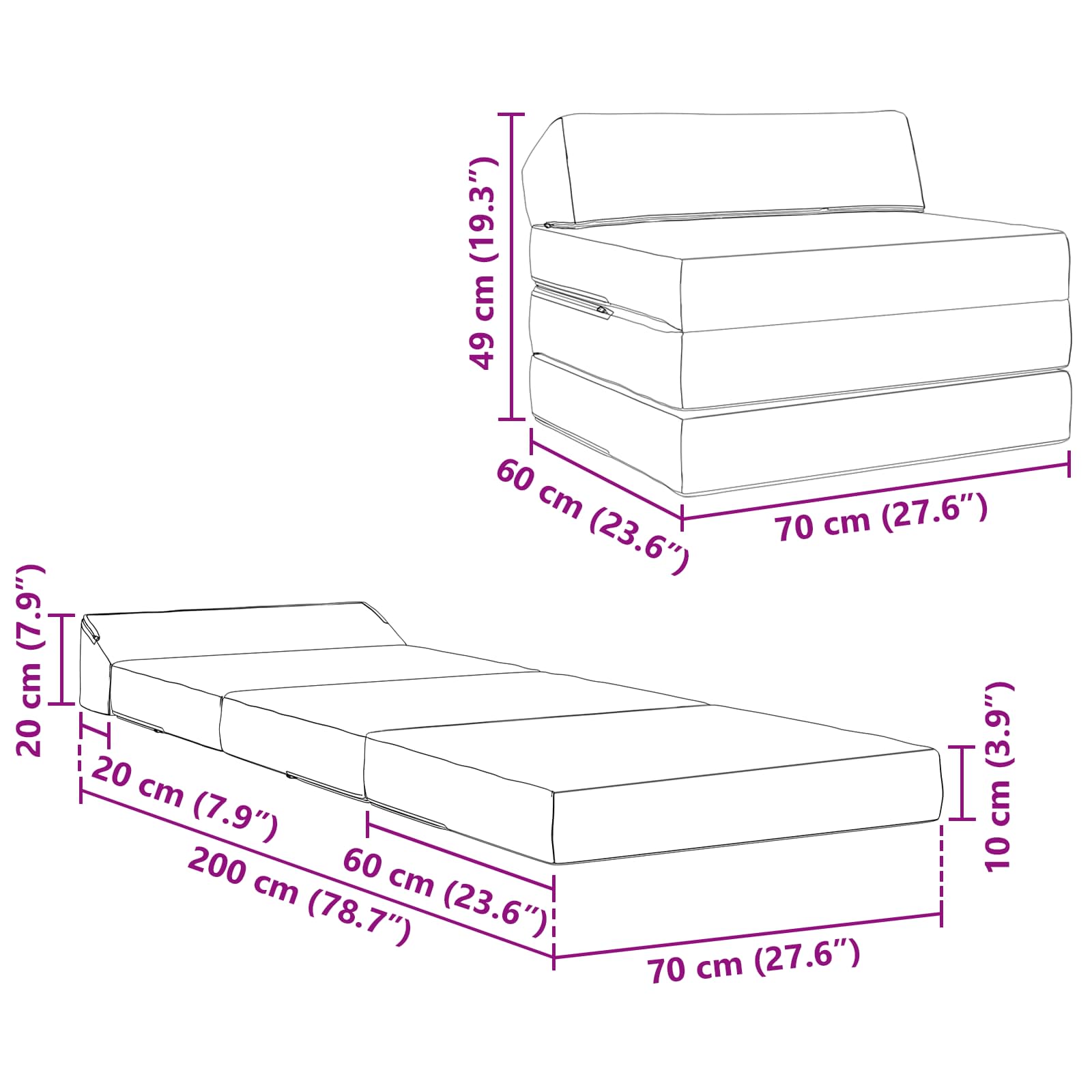 Divano Letto Pieghevole Grigio Chiaro 200 x 70 x 10 cm Tessuto | homemem39