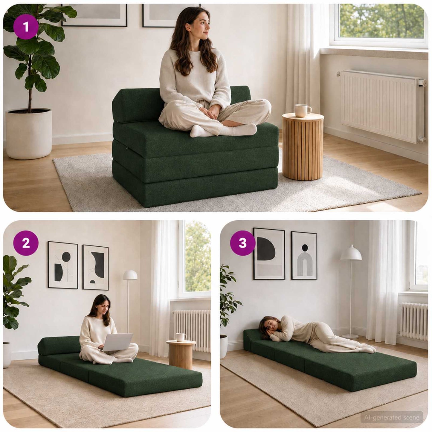 Divano Letto Pieghevole Verde Scuro 200 x 70 x 10 cm Tessuto