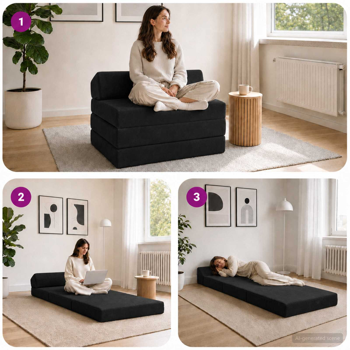 Divano Letto Pieghevole Nero 70 x 60 x 49 cm Velluto