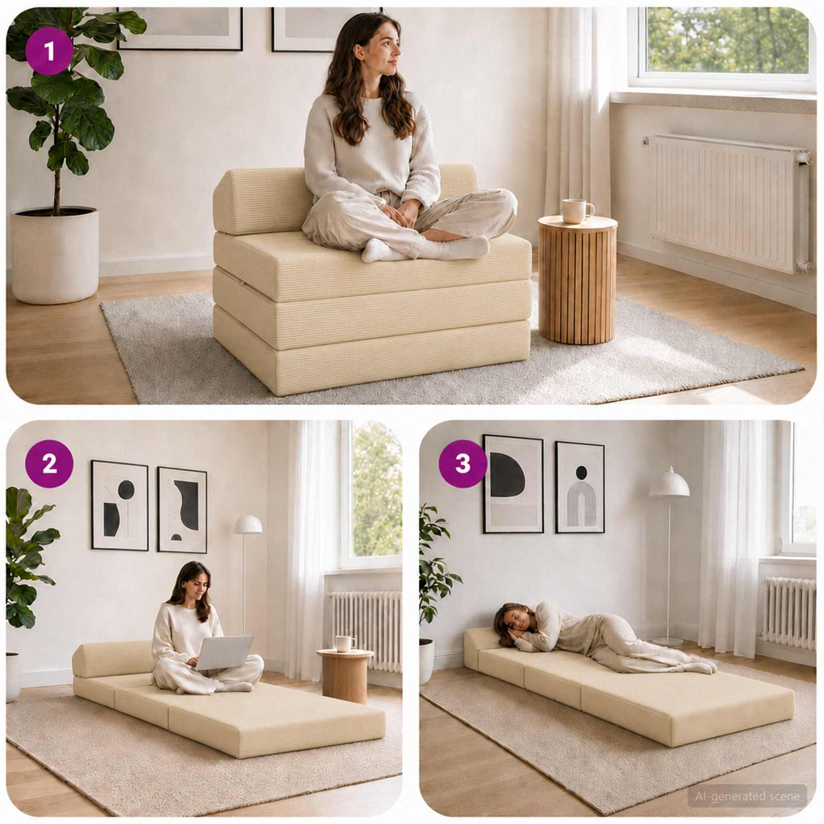 Divano Letto Pieghevole 2 posto Crema 70 x 60 x 49 cm
