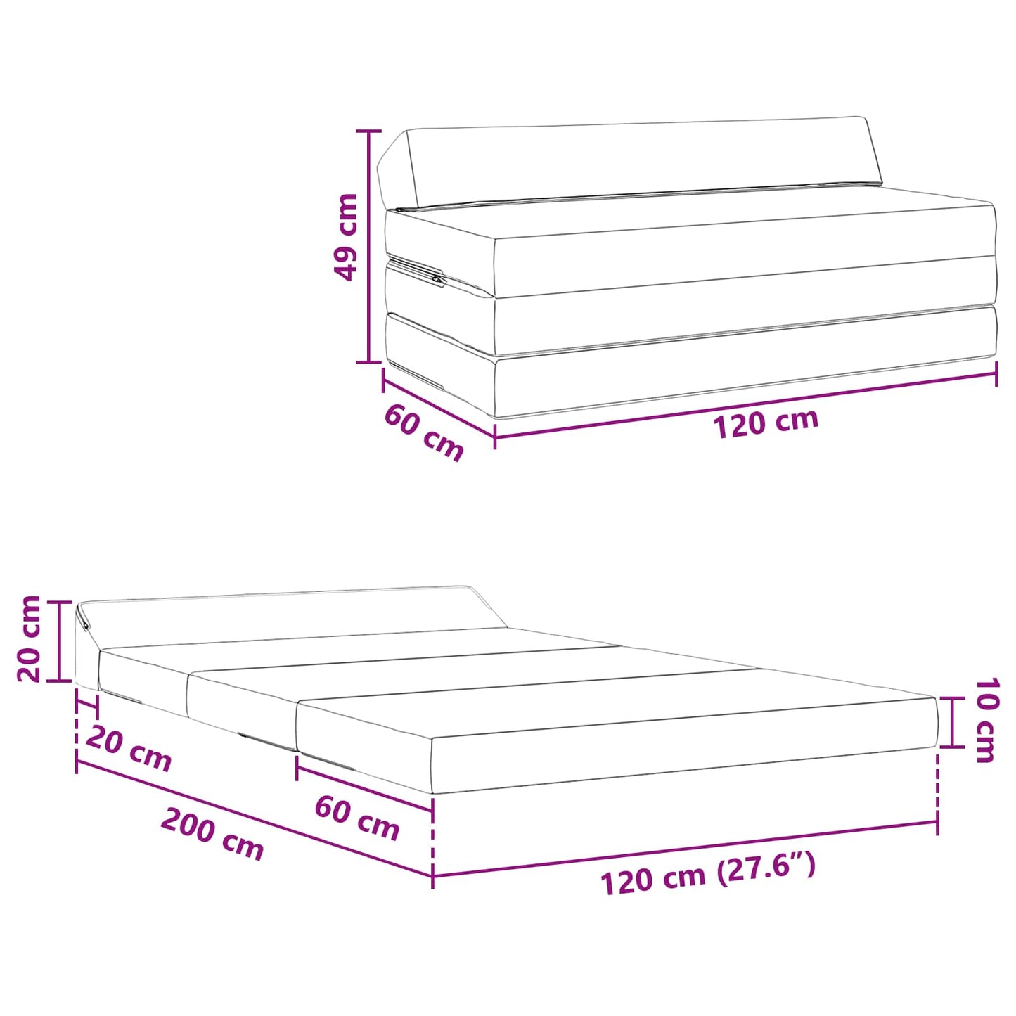 Divano Letto Pieghevole Grigio Scuro 120 x 60 x 49 cm Tessuto