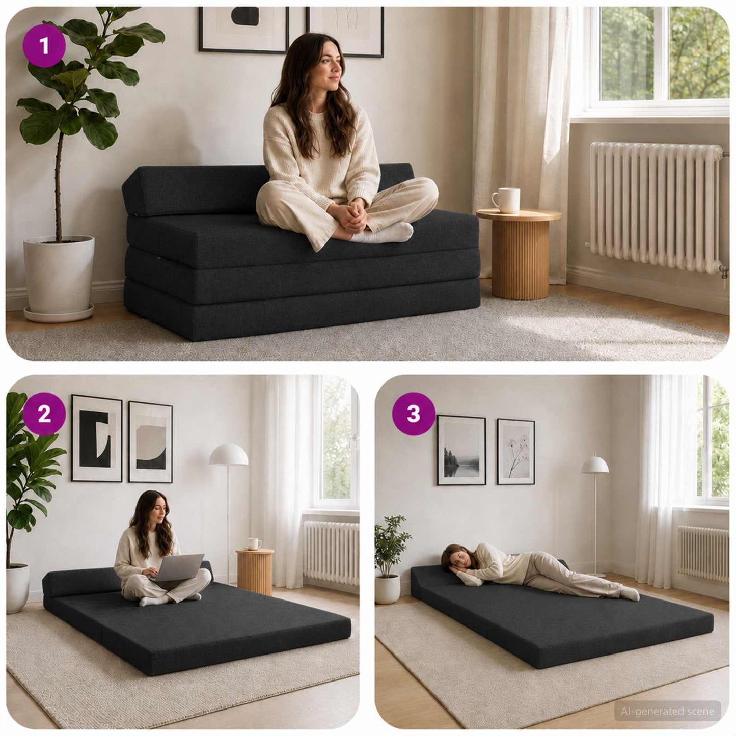 Divano Letto Pieghevole Nero 120 x 60 x 49 cm Tessuto | homemem39