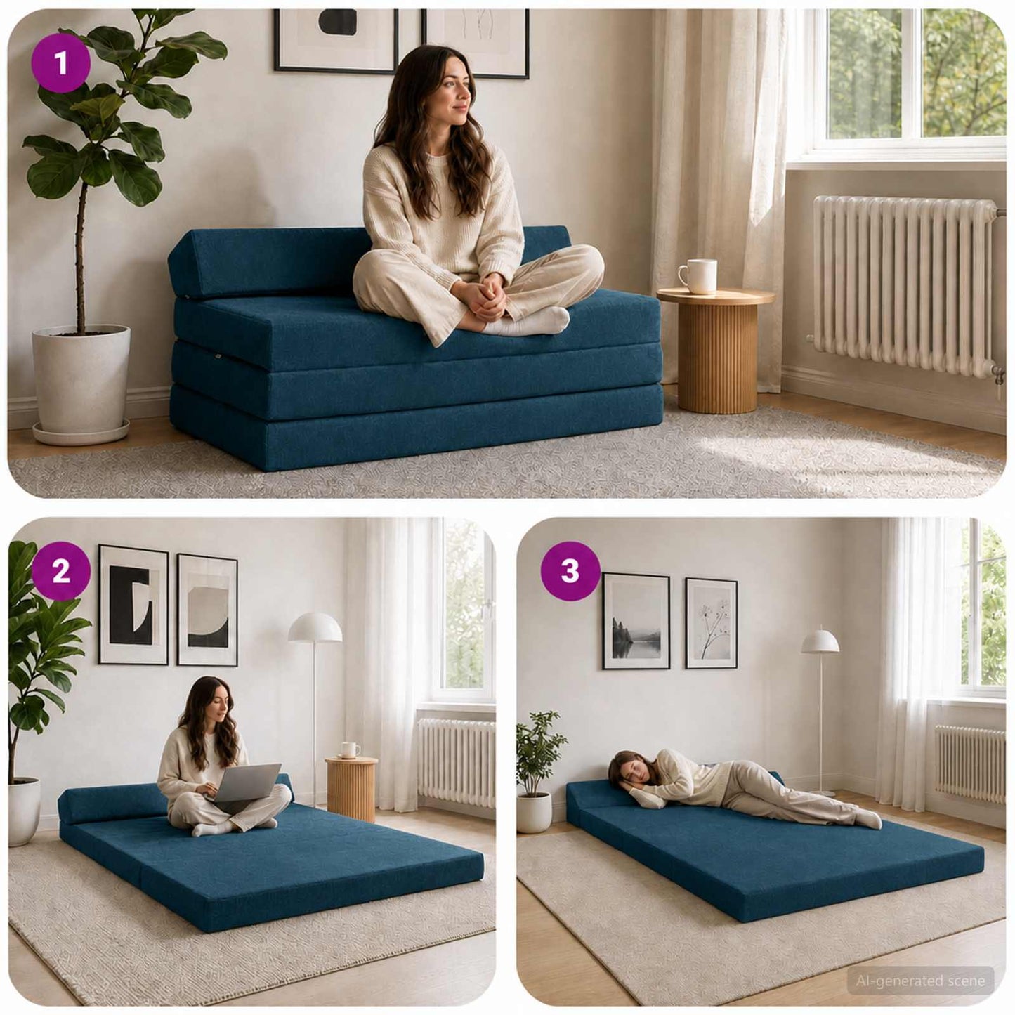 Divano Letto Pieghevole Blu 120 x 60 x 49 cm Tessuto | homemem39
