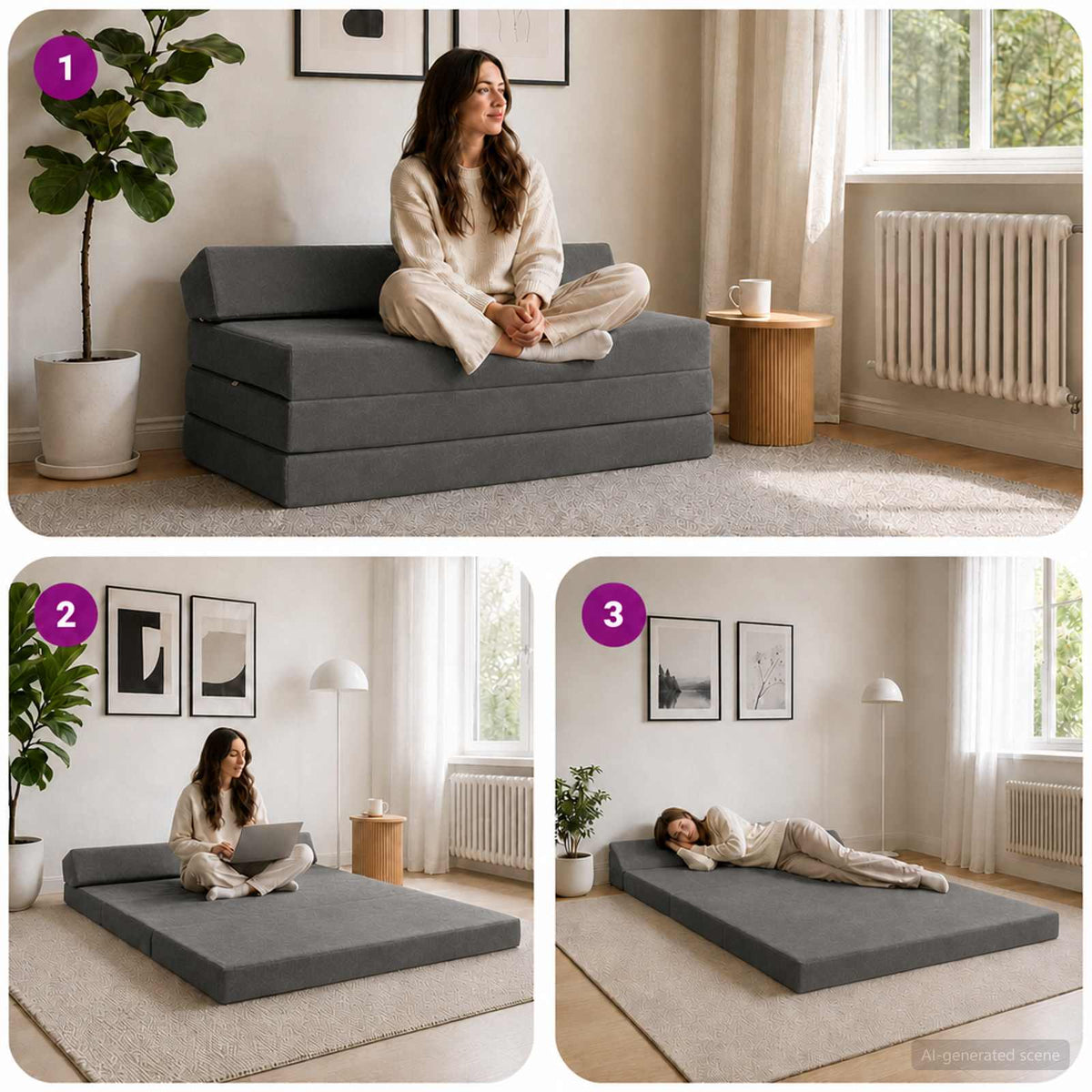 Divano Letto Pieghevole Grigio Scuro 120 x 60 x 49 cm Tessuto