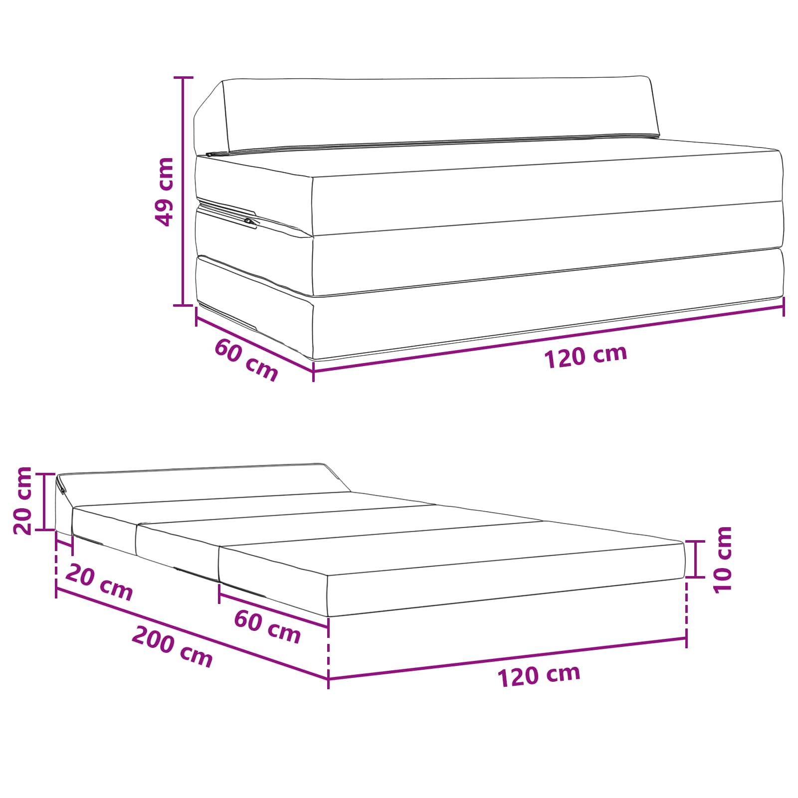 Divano Letto Pieghevole Nero 120 x 60 x 49 cm Tessuto | homemem39
