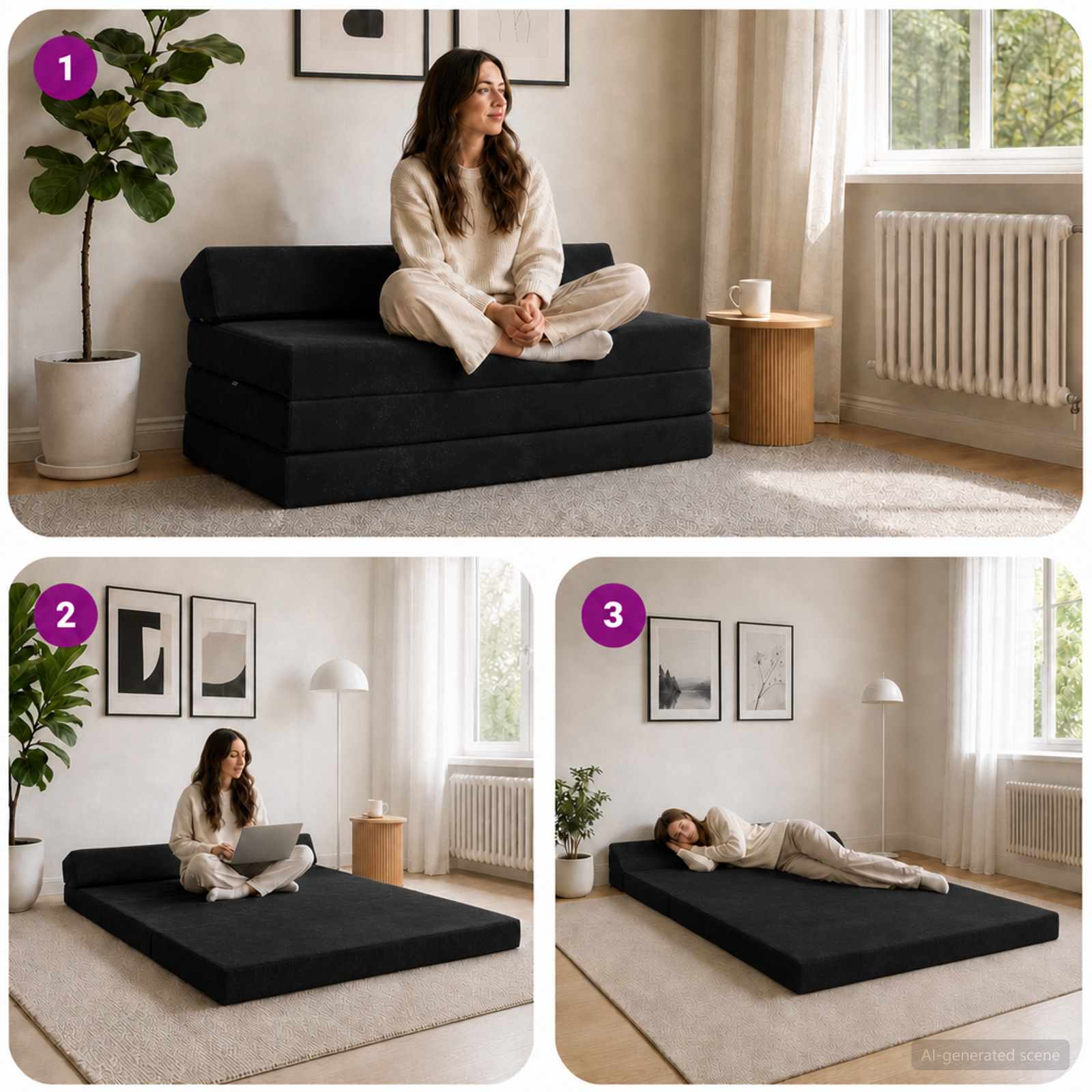 Divano Letto Pieghevole Nero 120 x 60 x 49 cm Tessuto | homemem39