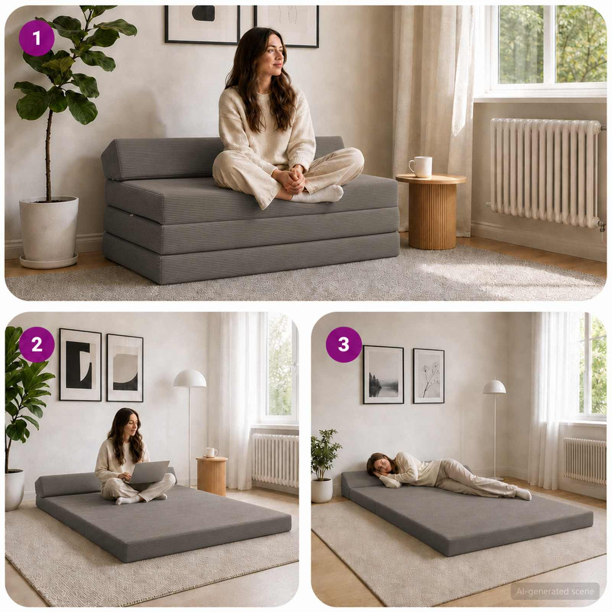 Divano Letto Pieghevole 2 posto Grigio Chiaro 120 x 60 x 49 cm