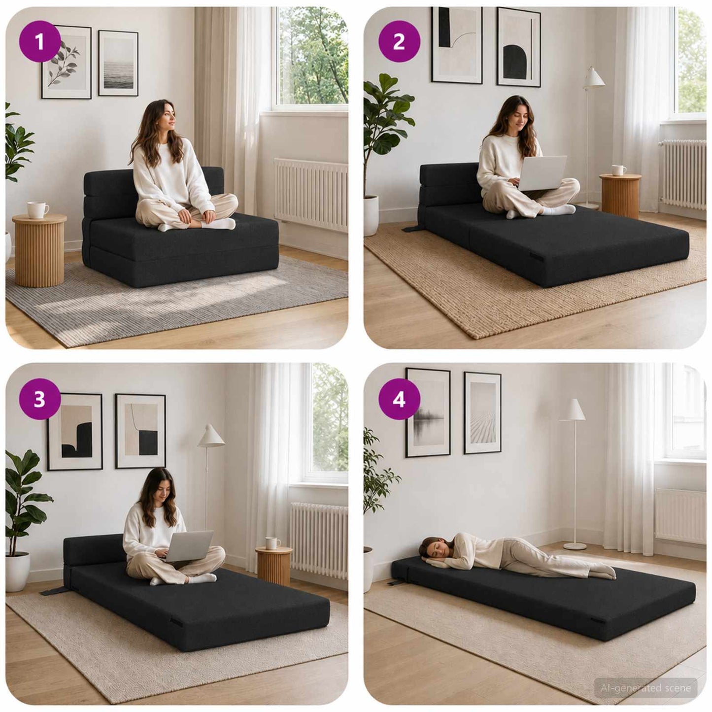 Divano Letto Pieghevole Nero 70 x 72 x 60 cm Tessuto