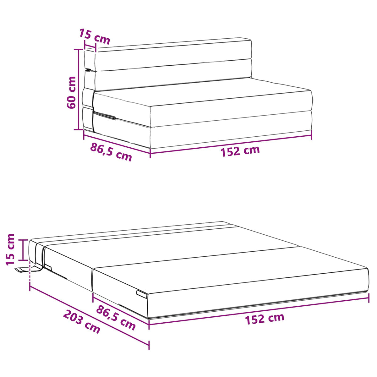 Divano Letto Pieghevole Grigio Chiaro 152 x 86,5 x 60 cm