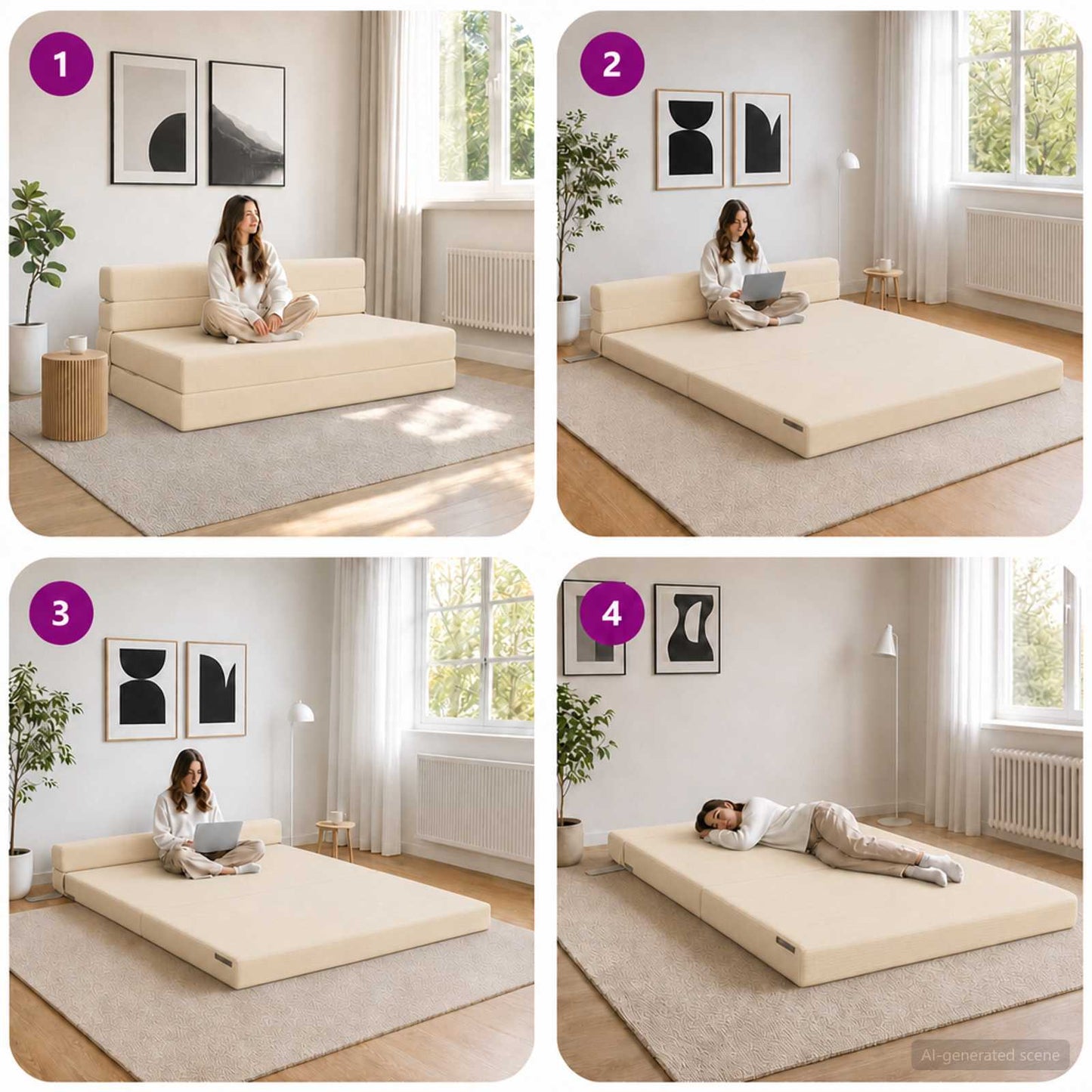 Divano Letto Pieghevole Crema 152 x 86,5 x 60 cm Tessuto | homemem39