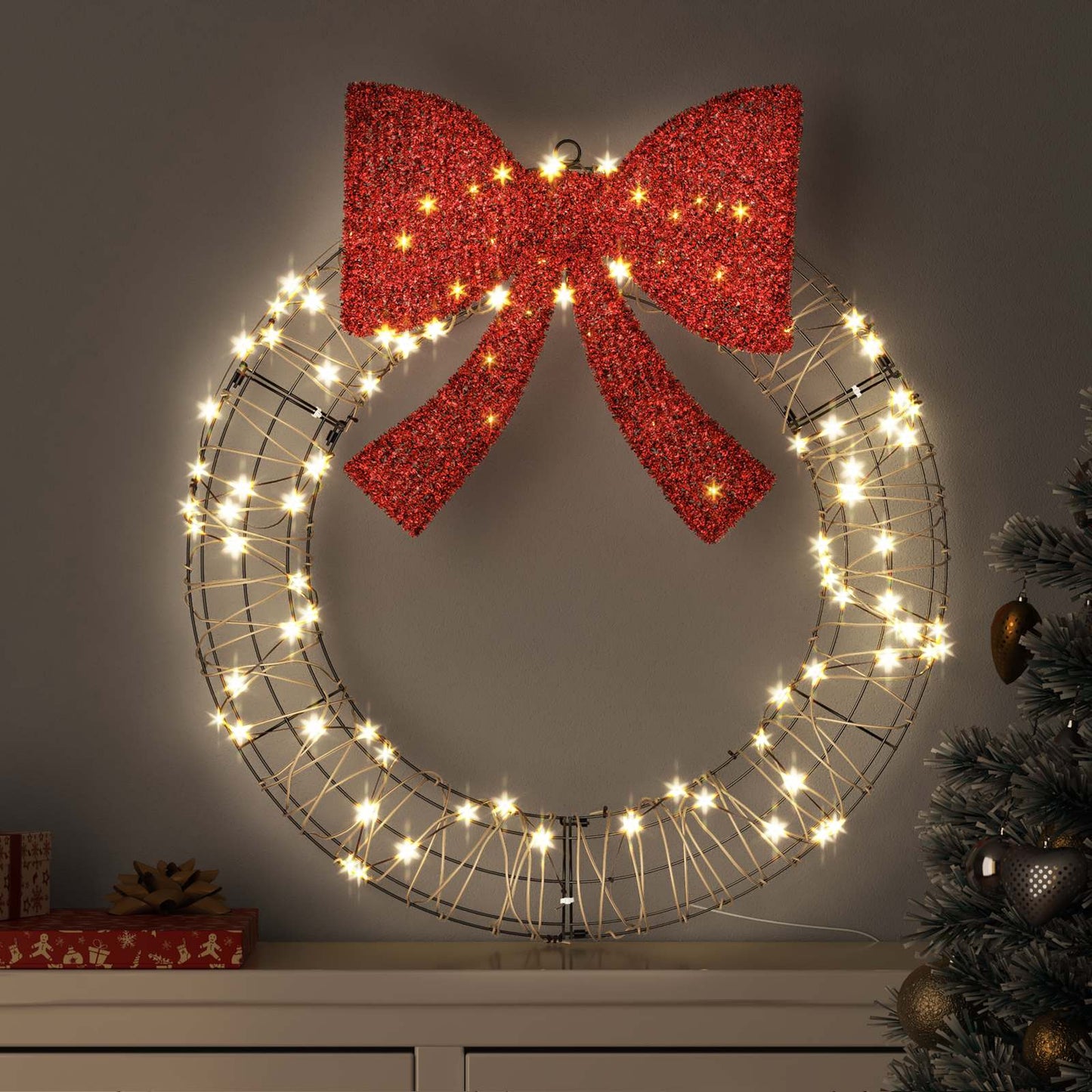 Ghirlanda con 60 LED Bianco caldo 75 x 75 x 8 cm Rattan | homemem39