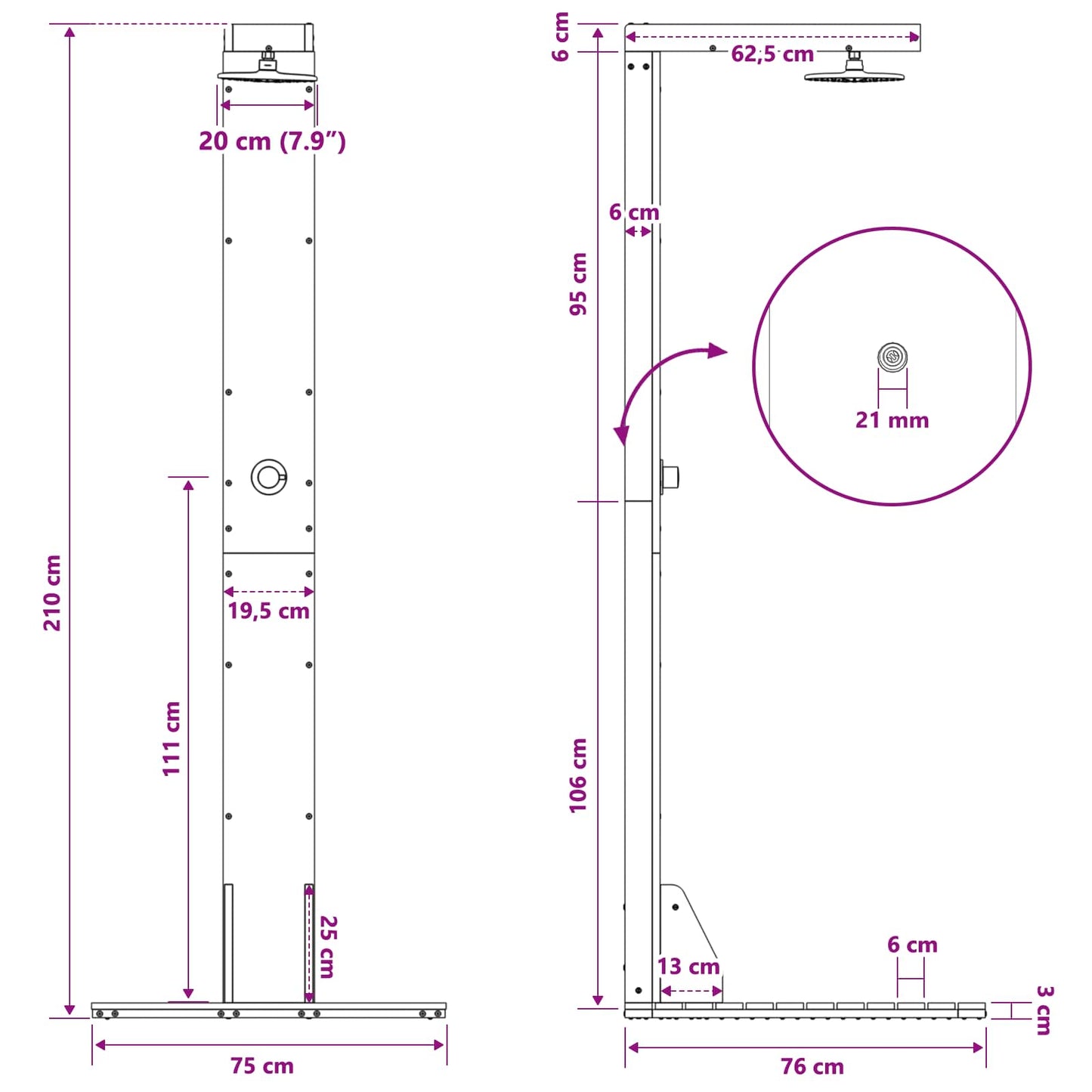 Doccia da esterno 210 cm Legno massello di pino e acciaio inox | homemem39
