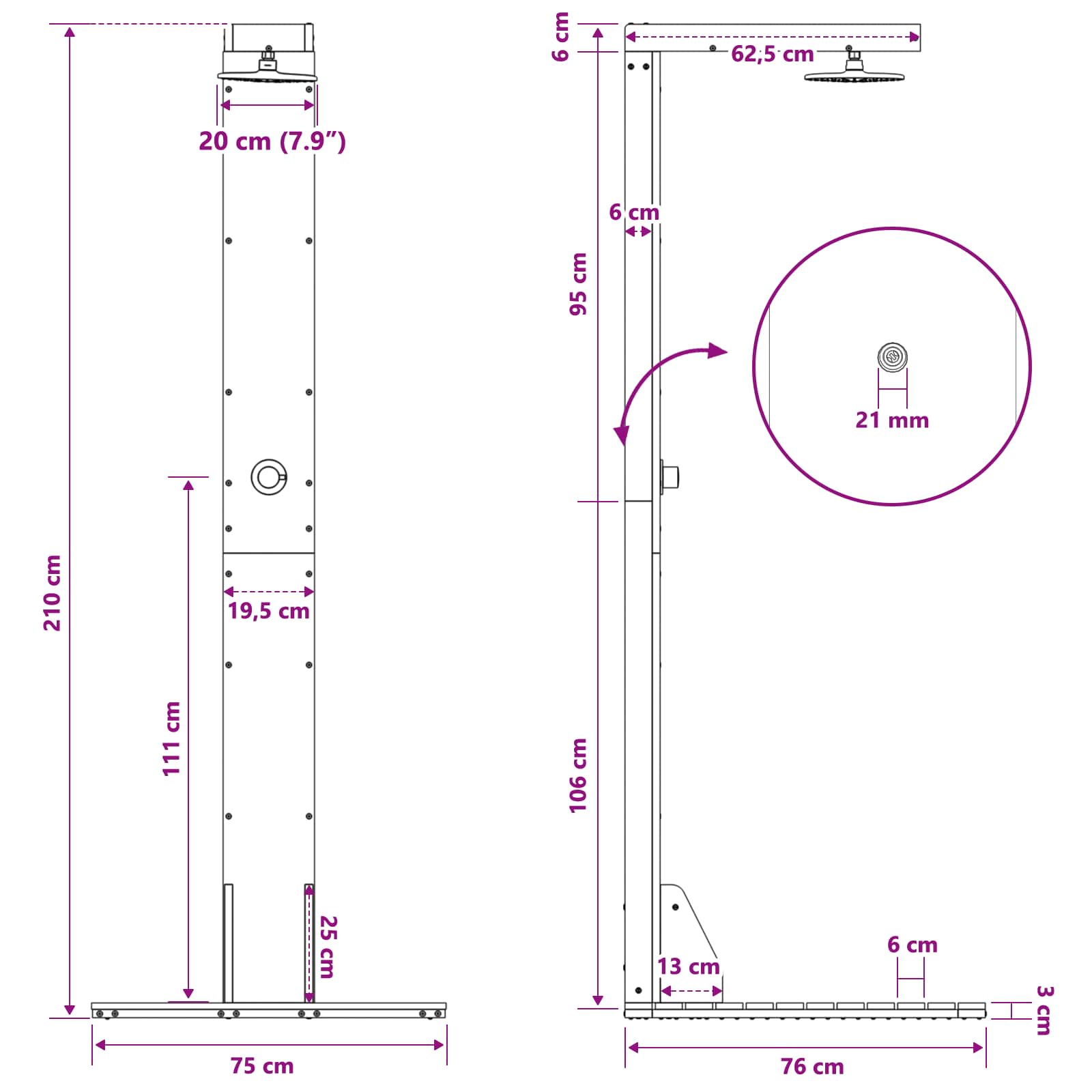 Doccia da esterno 210 cm Legno massello di pino e acciaio inox | homemem39