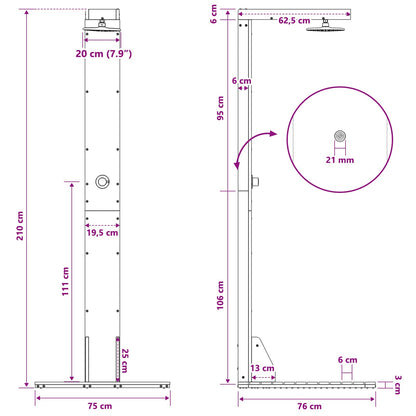 Doccia da esterno 210 cm Legno massello di pino e acciaio inox | homemem39