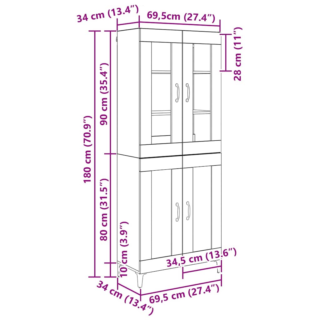 Credenza Rovere Nero 69,5 x 34 x 180 cm Legno multistrato