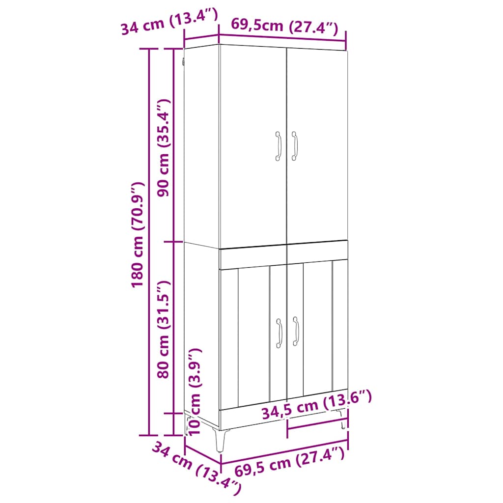 Credenza Rovere Nero 69,5 x 34 x 180 cm Legno multistrato | homemem39