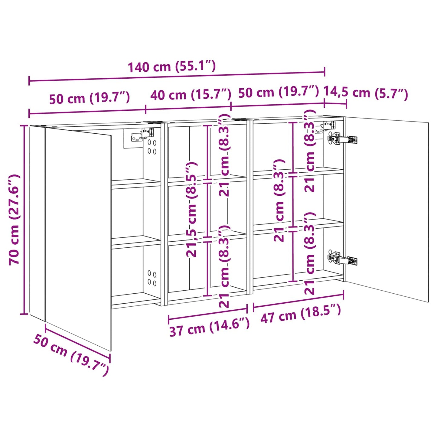 Set di Armadi da Bagno con lo scaffale 3 pcs 140 x 14,5 x 70 cm