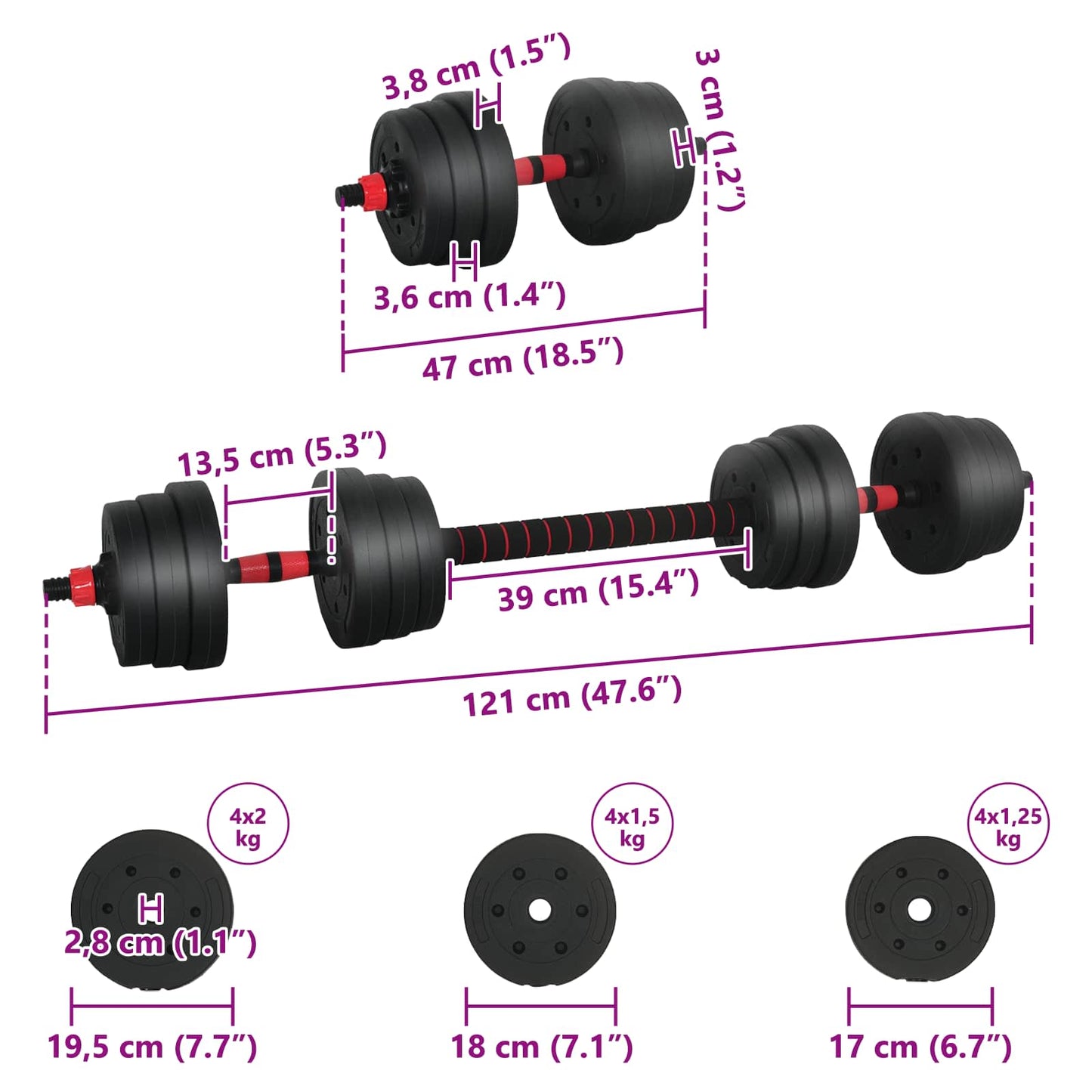Set di Manubri 2-in-1 30kg Nero e Rosso | homemem39