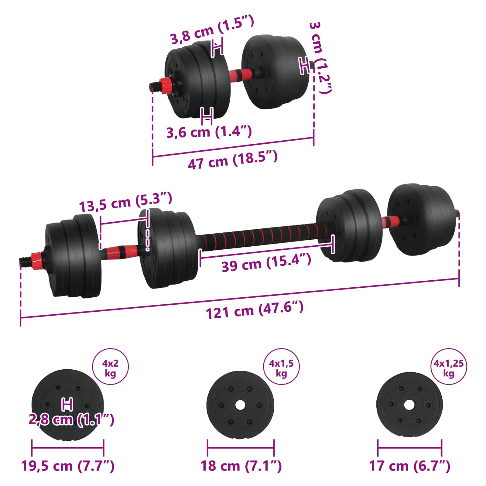 Set di Manubri 2-in-1 30kg Nero e Rosso | homemem39