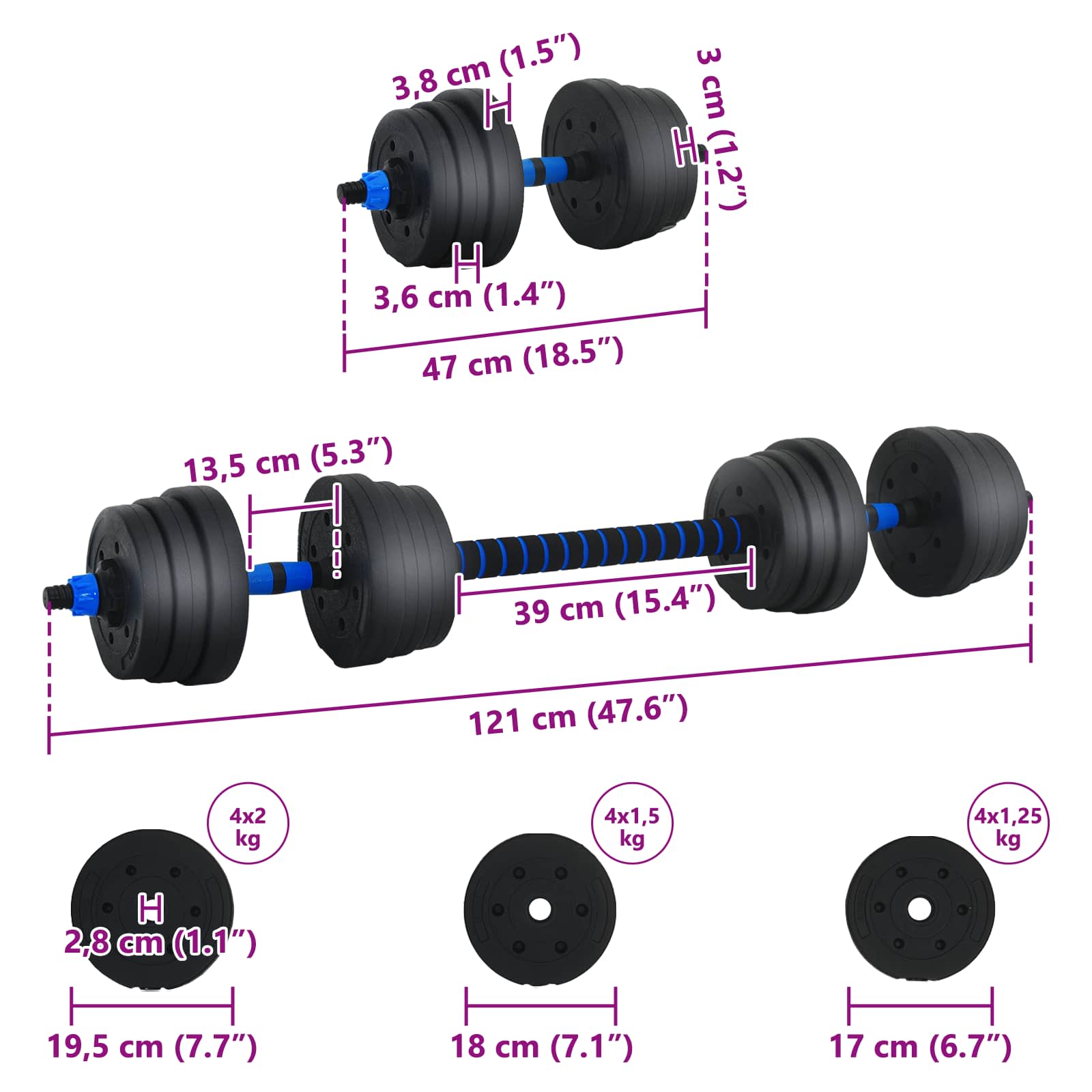 Set di Manubri 2-in-1 30kg Nero e Blu Cemento e sabbia di ferro | homemem39