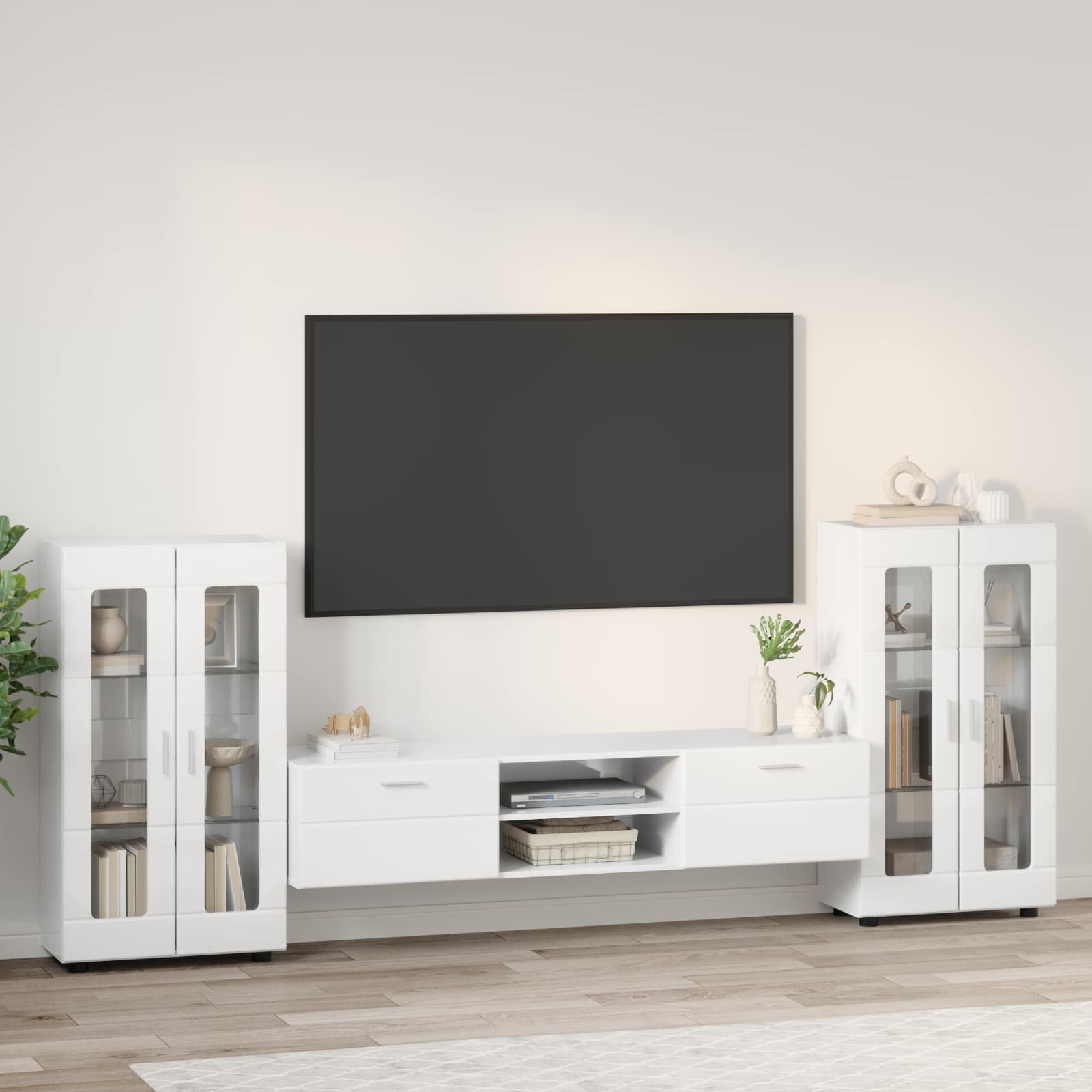 Set mobile TV FLORIN 3 pcs Bianco Lucido Legno multistrato | homemem39