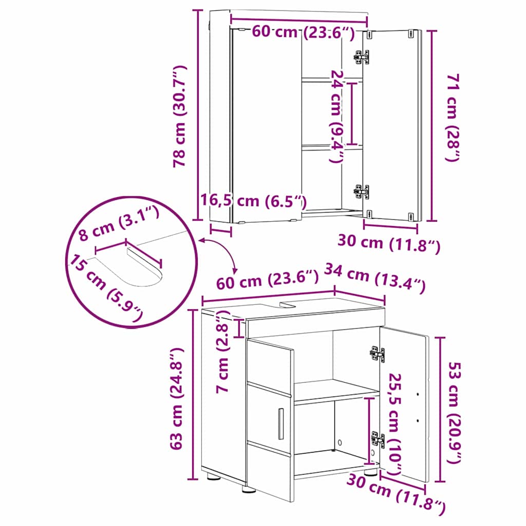 Set di mobili per il bagno TULUM 3 pz Rovere Sonoma | homemem39