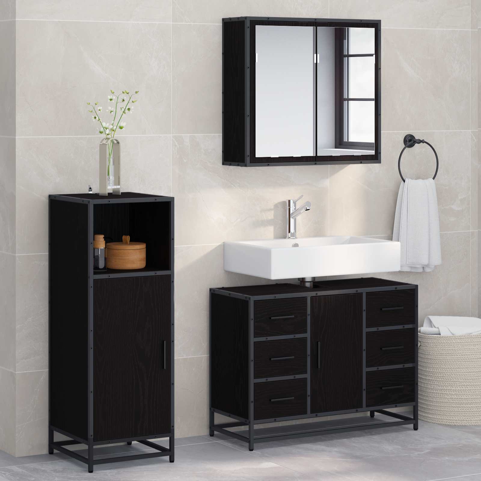 Set di mobili per il bagno 3 pcs Rovere Nero Legno multistrato | homemem39