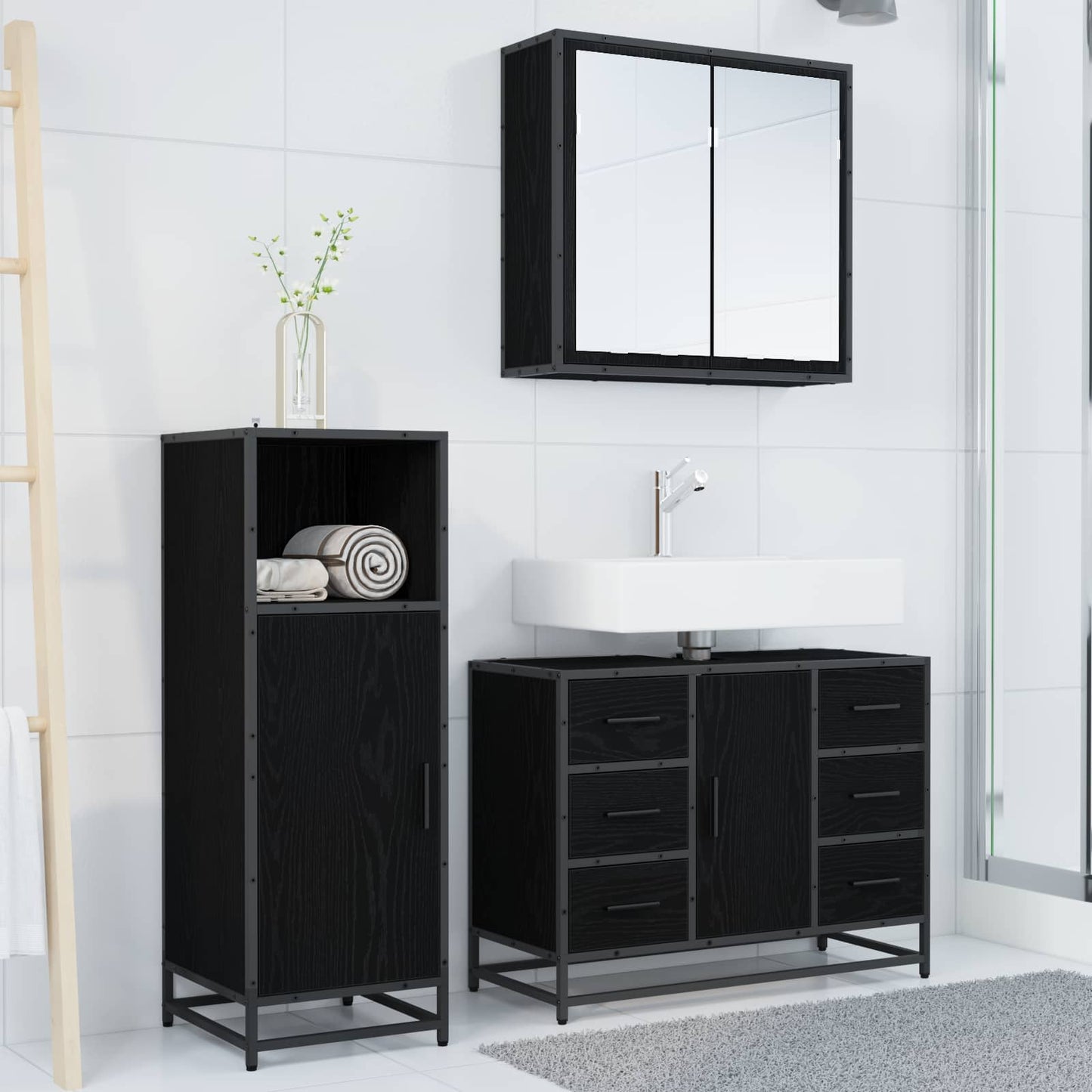 Set di mobili per il bagno 3 pcs Rovere Nero Legno multistrato | homemem39