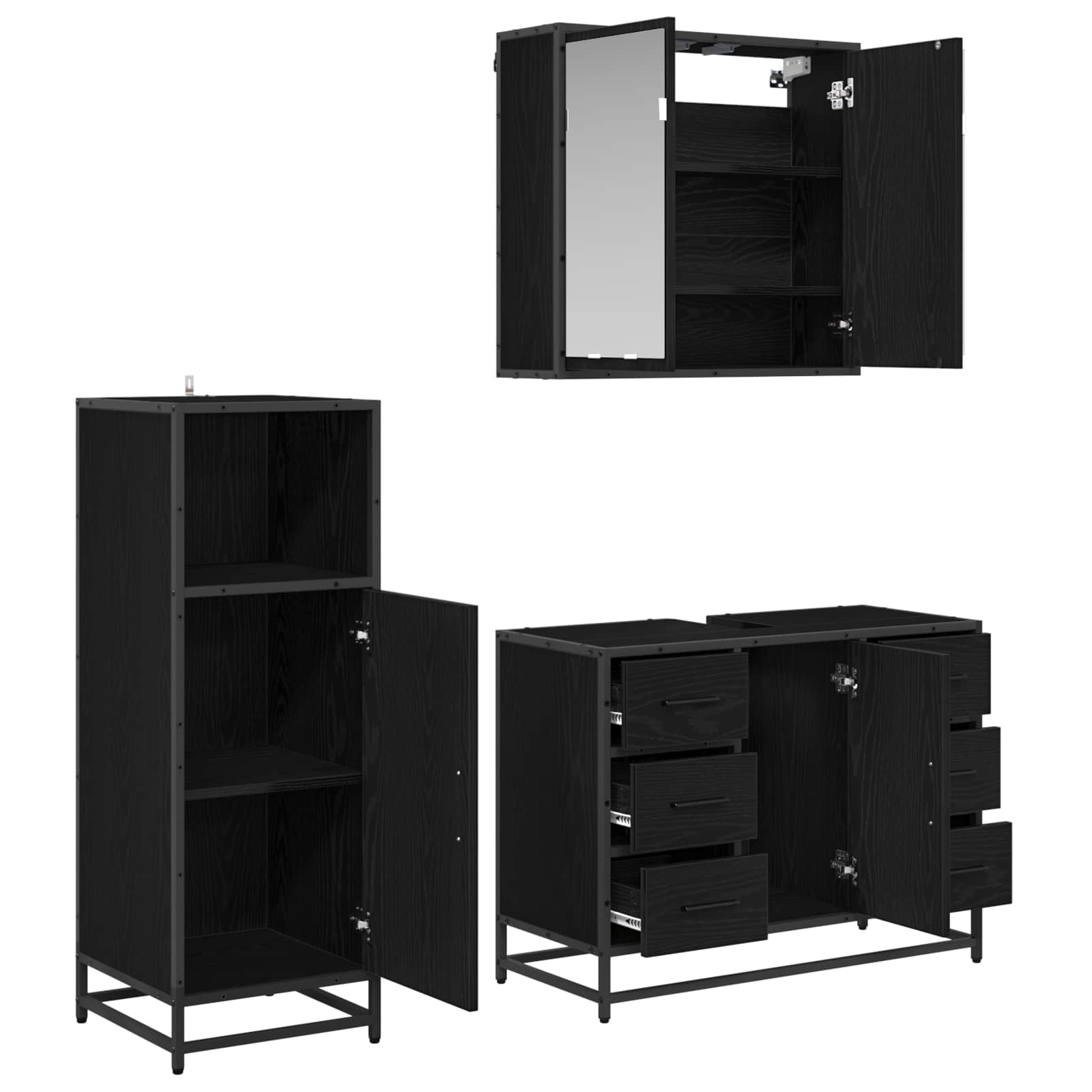 Set di mobili per il bagno 3 pcs Rovere Nero Legno multistrato | homemem39