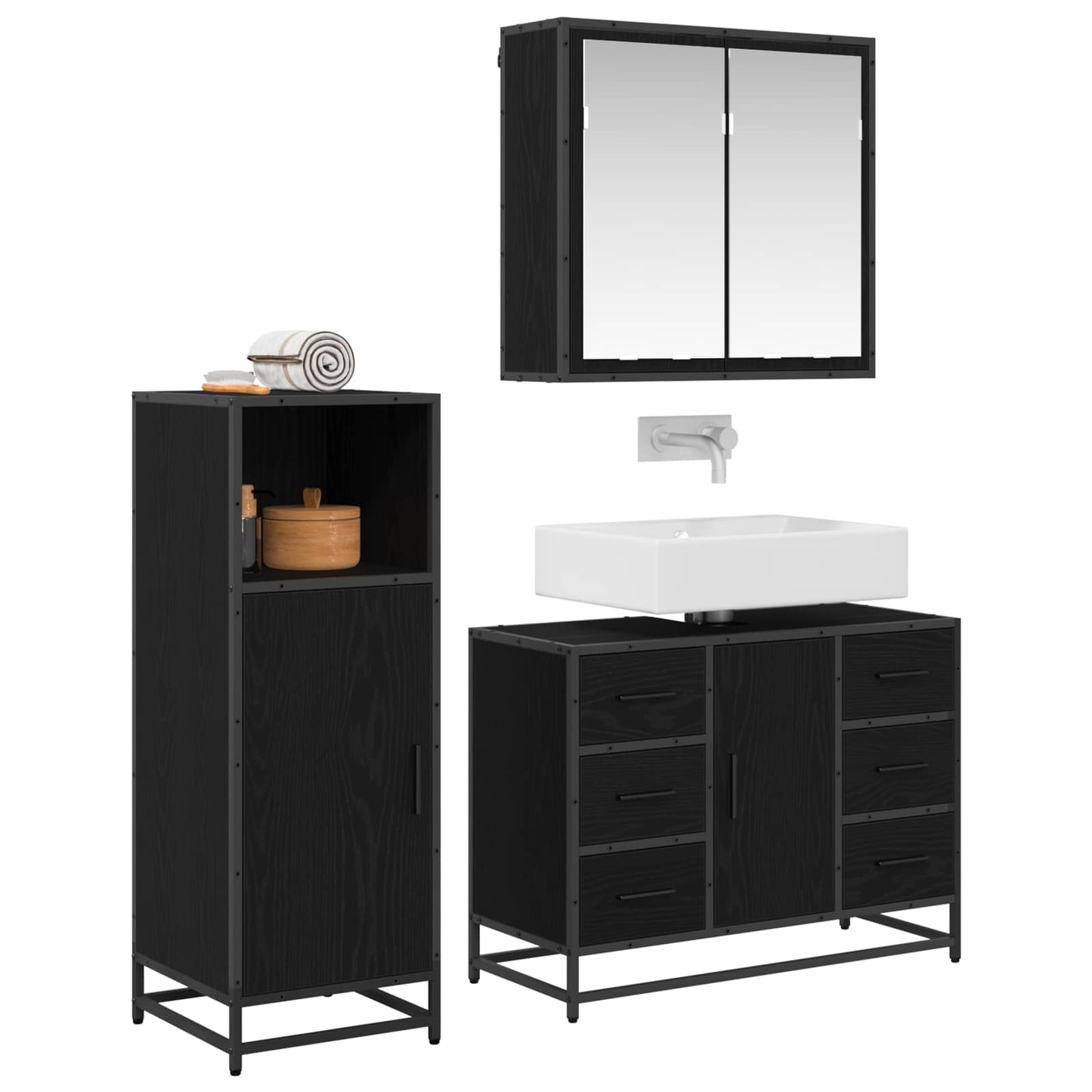 Set di mobili per il bagno 3 pcs Rovere Nero Legno multistrato | homemem39