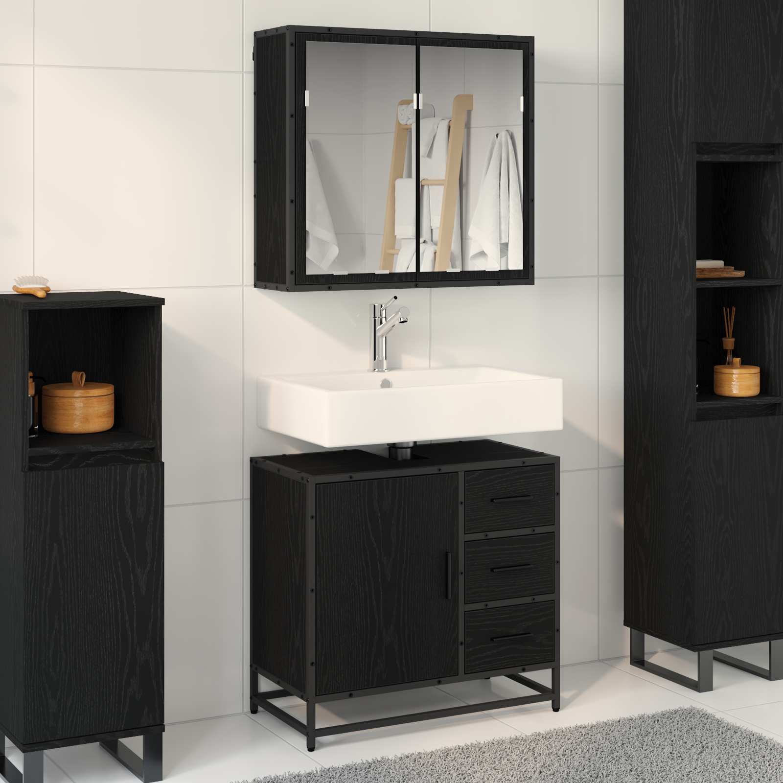 Set di mobili per il bagno 2 pcs Rovere nero Legno multistrato | homemem39