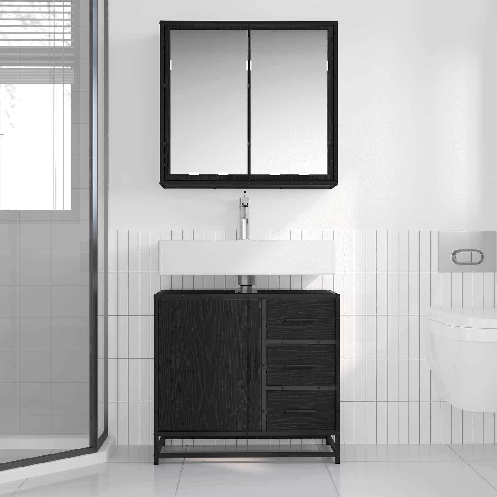 Set di mobili per il bagno 2 pcs Rovere nero Legno multistrato | homemem39