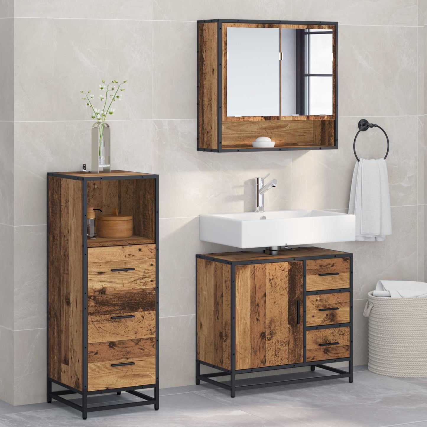 Set di mobili per il bagno con cassetto 3 pcs Legno vecchio | homemem39